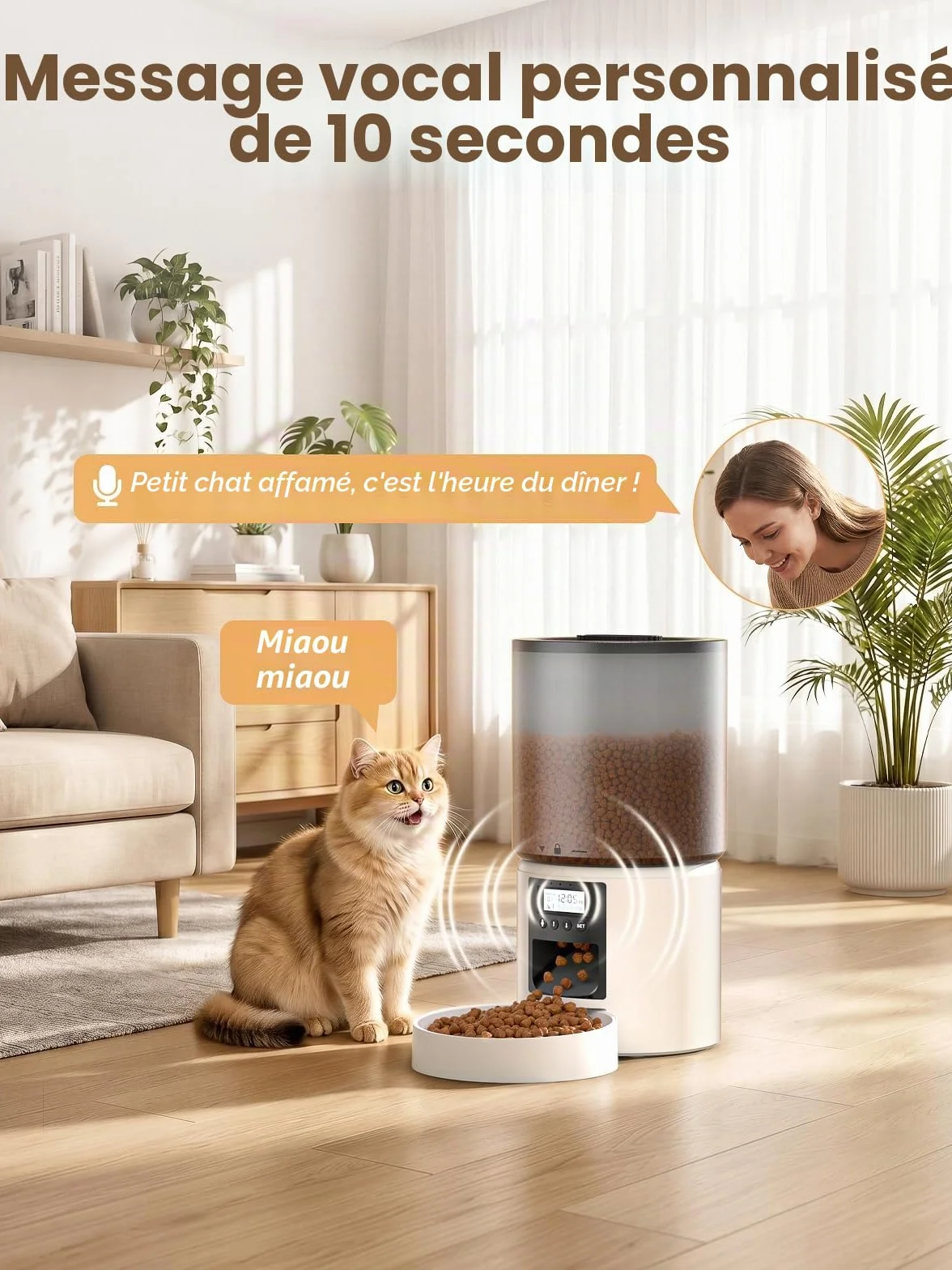 Distributeur Croquettes Chat Automatique 4L Programmable 6 Repas Fonction Vocale 10s Réservoir Hermétique