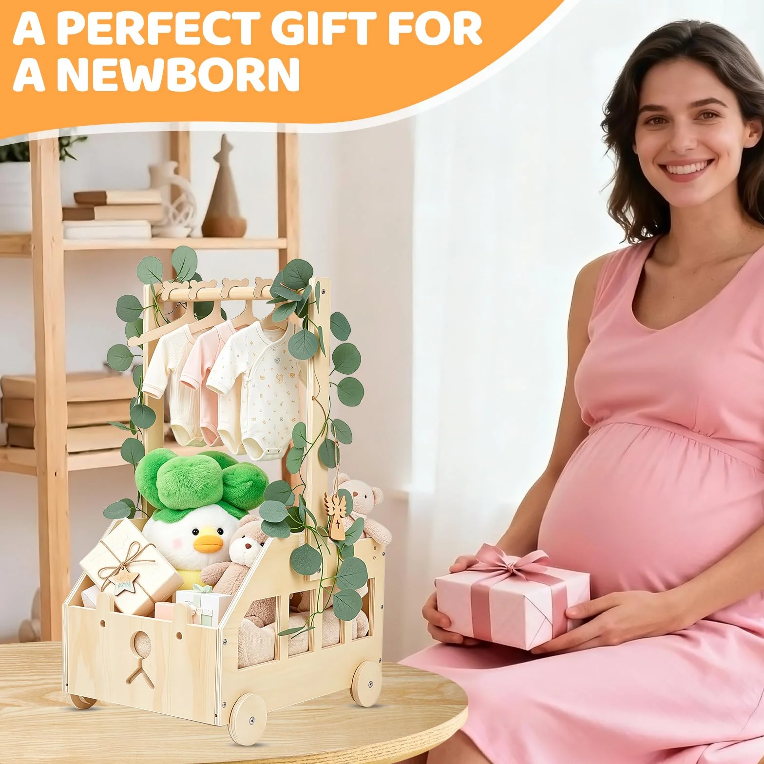 Panier Naissance Bébé en Bois Motif Ours Coffret Cadeau avec Poignée et Roulettes