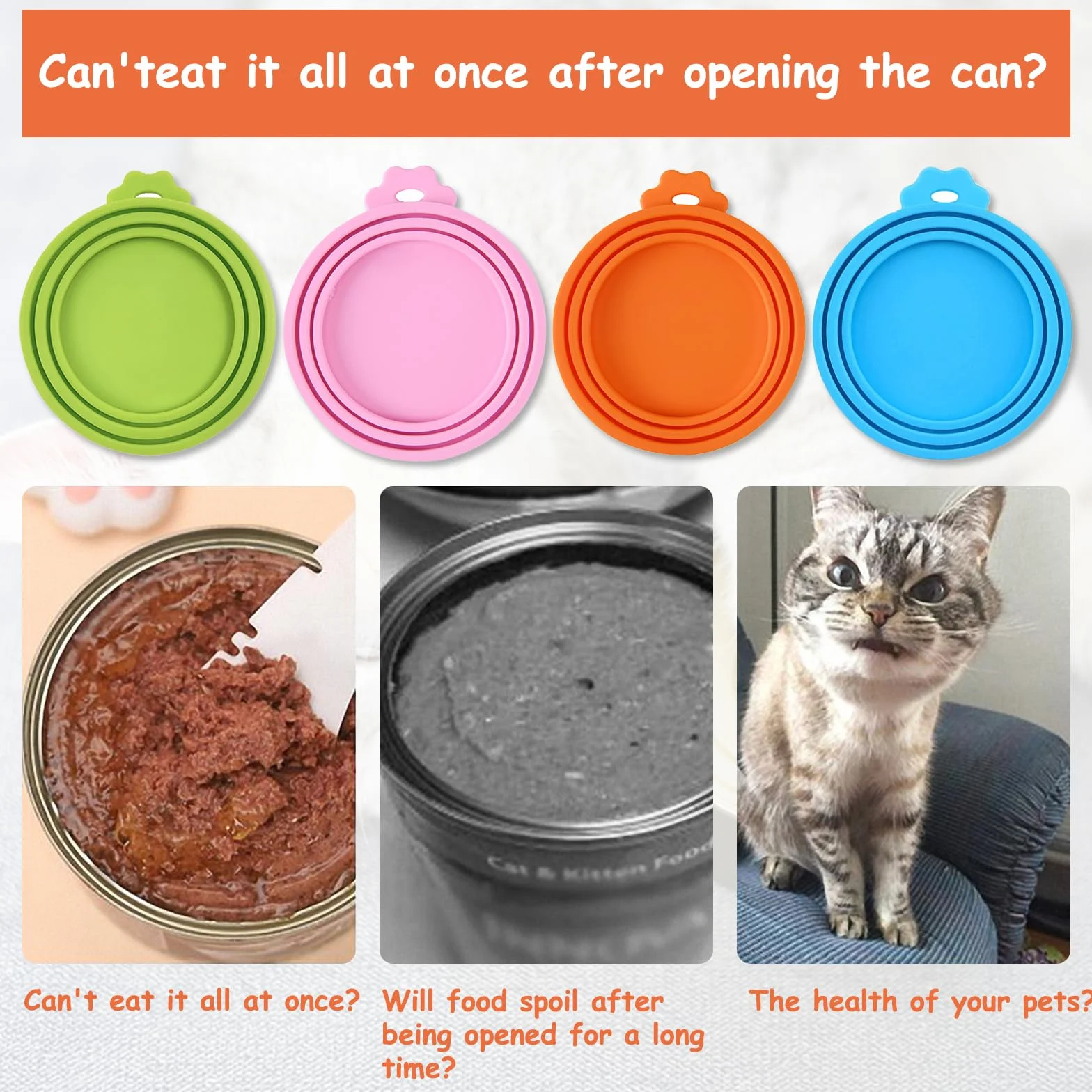 Lot de 4 couvercles de boîtes de conserve pour nourriture pour chat Couvercles universels en silicone pour boîtes de nourriture pour animaux de compagnie 3 en 1 tailles standards avec 4 crochets en