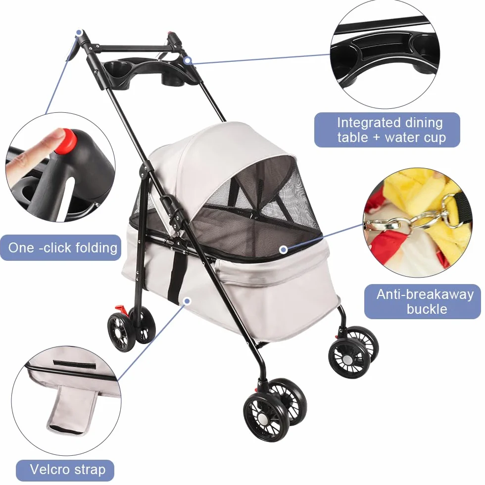 Poussette de voyage pliable pour chiens et chats avec roues, porte-gobelet, auvent réglable, grand panier