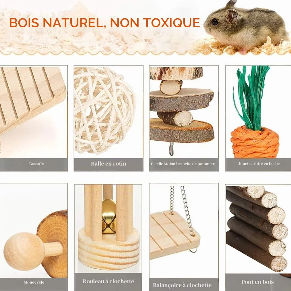 Jouets Cochon d'Inde à mâcher Naturel, Jouet pour Lapin, Hamster, Petits Animaux, Jouets molaires, Soins des Dents, Accessoires en Bois pour rongeurs, Jouet balançoire et Pont à Bascule