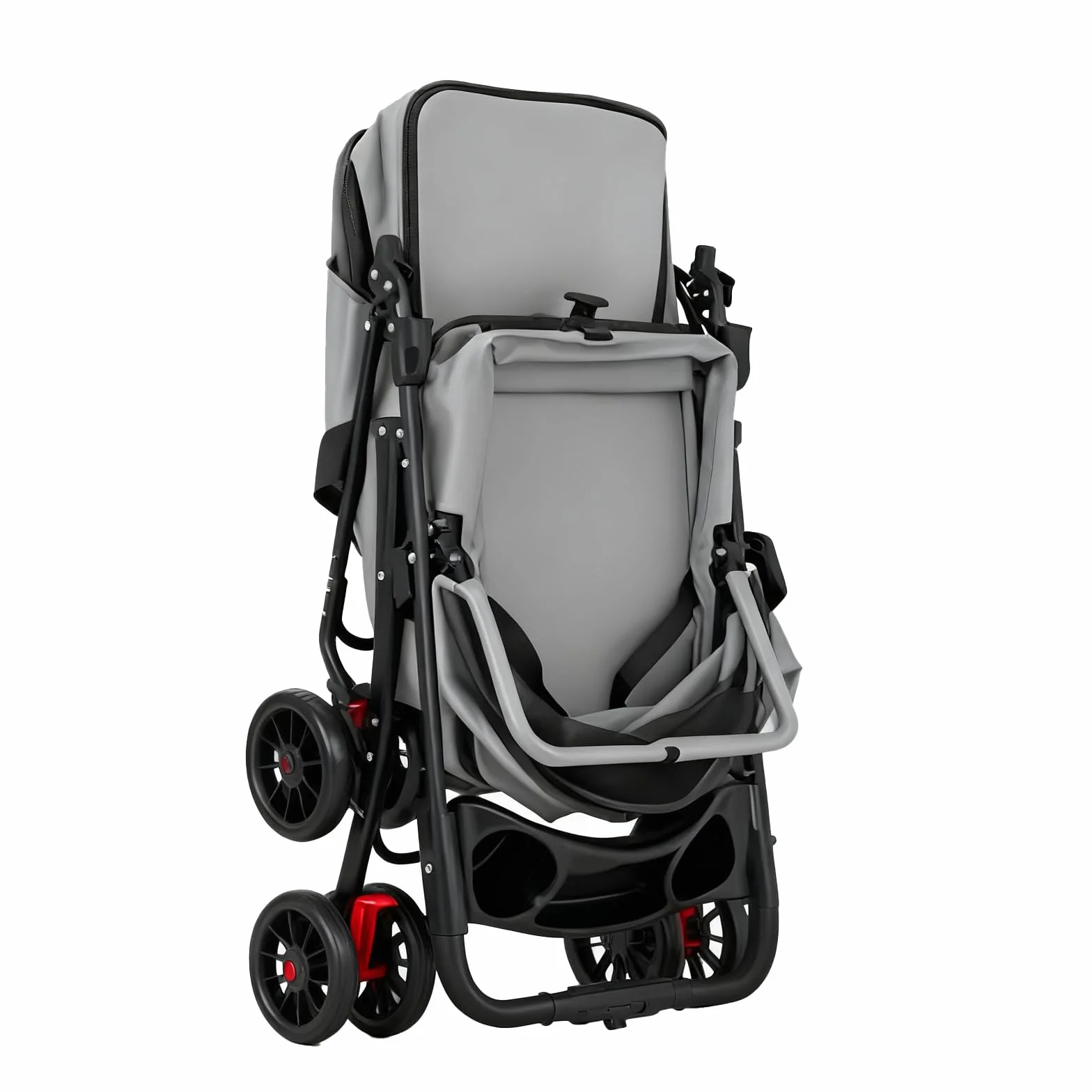 Poussette double pliable pour chats et chiens 2 chariots 4 roues avec sac de rangement et porte-gobelet Gris