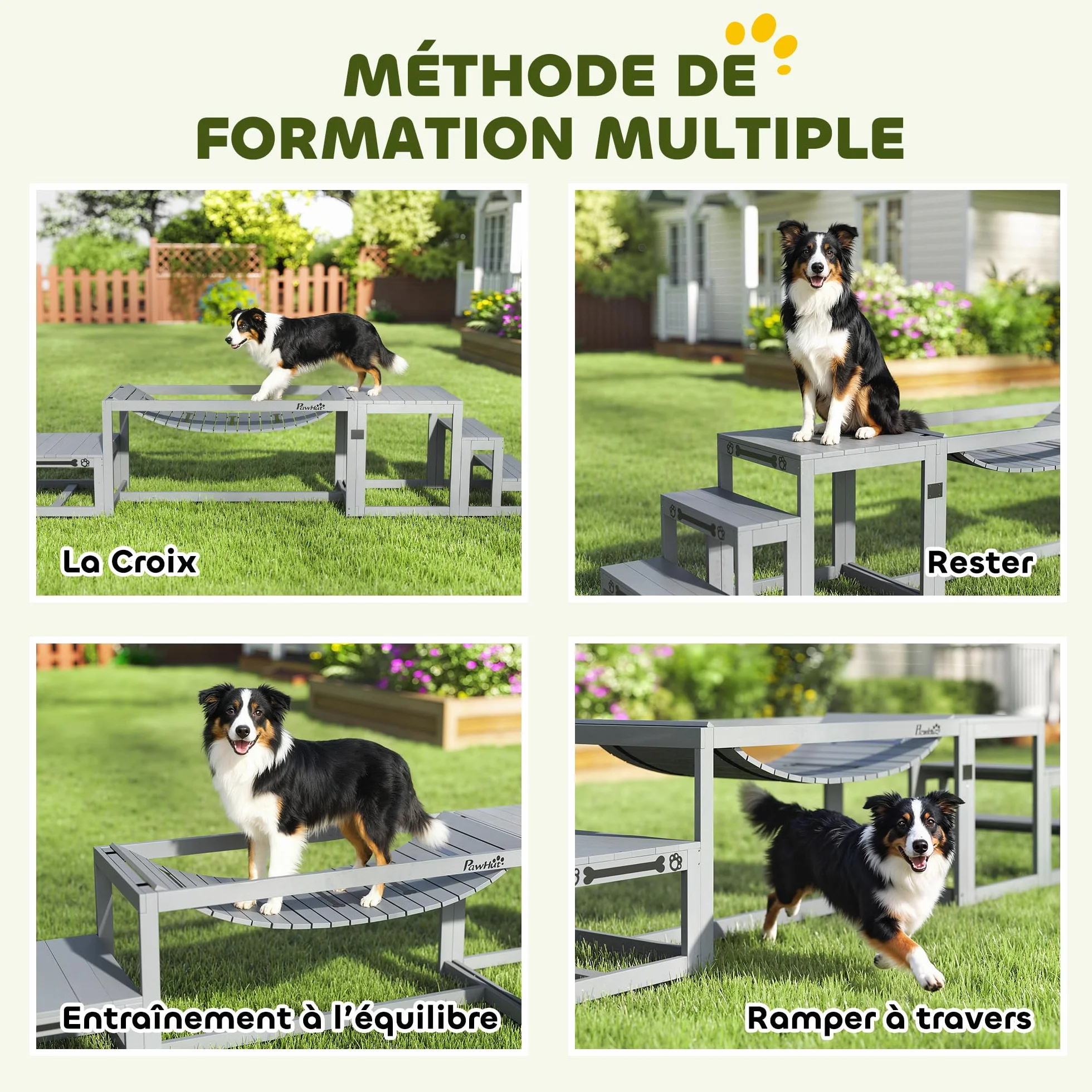 PawHut Kit d'agilité pour Chien 3 Pièces Pont Souple Plateforme de Pause Escalier Bois Massif Gris