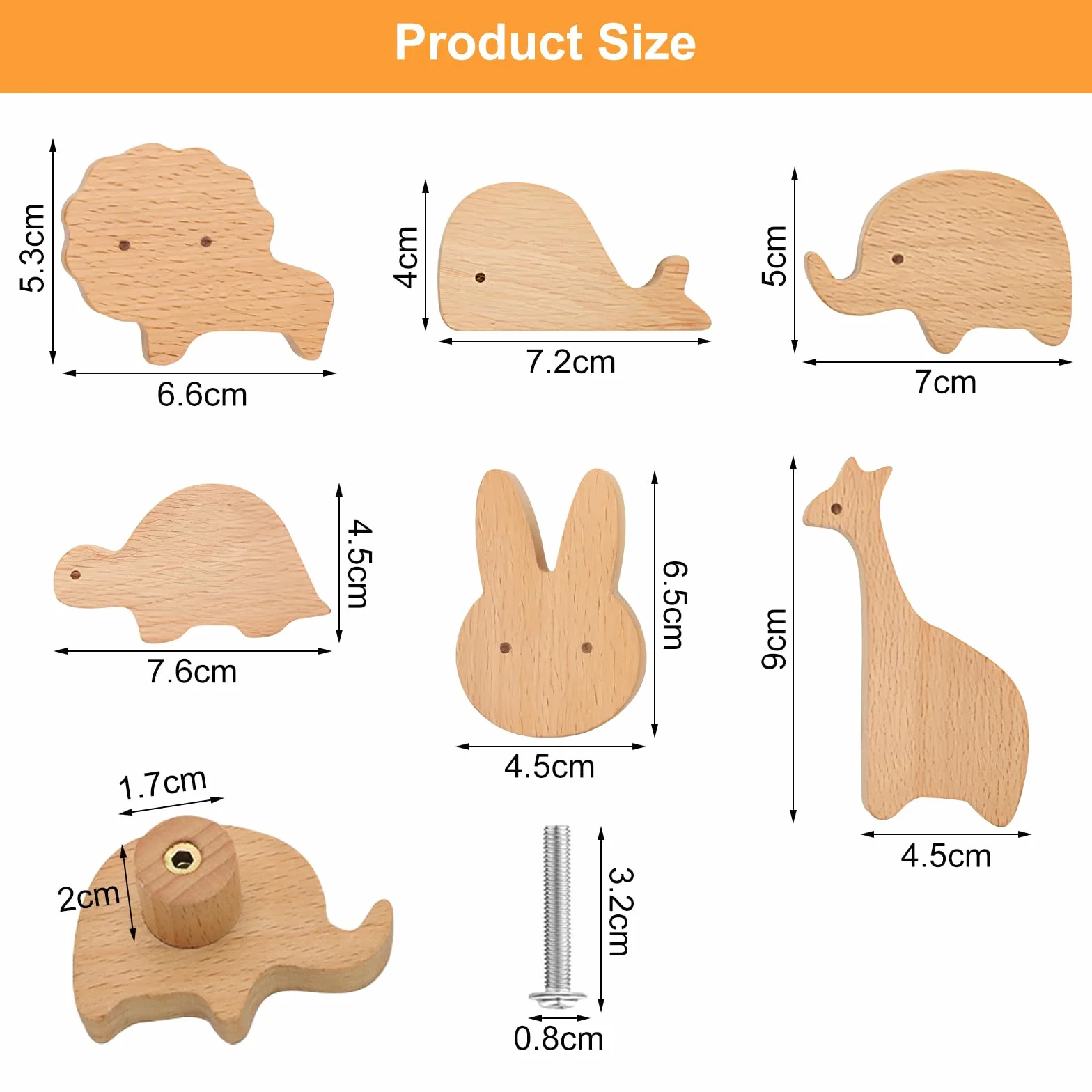 BRISKORE Lot de 6 boutons d'armoire en bois pour chambre d'enfant, forme animal, avec vis