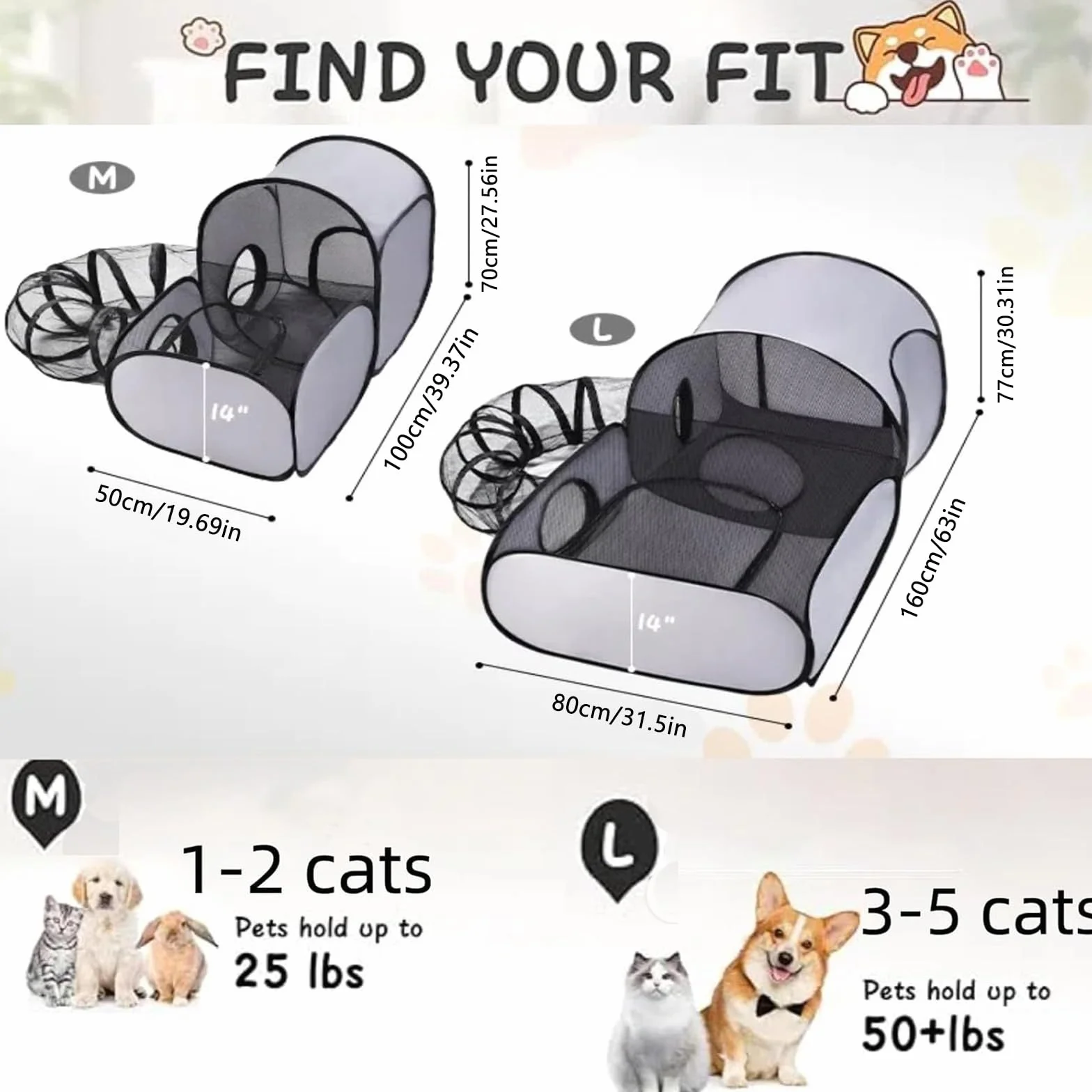 Grand parc 3 en 1 pour chat avec tunnel, enclos de jeu extérieur intérieur, tente portable pour petits animaux