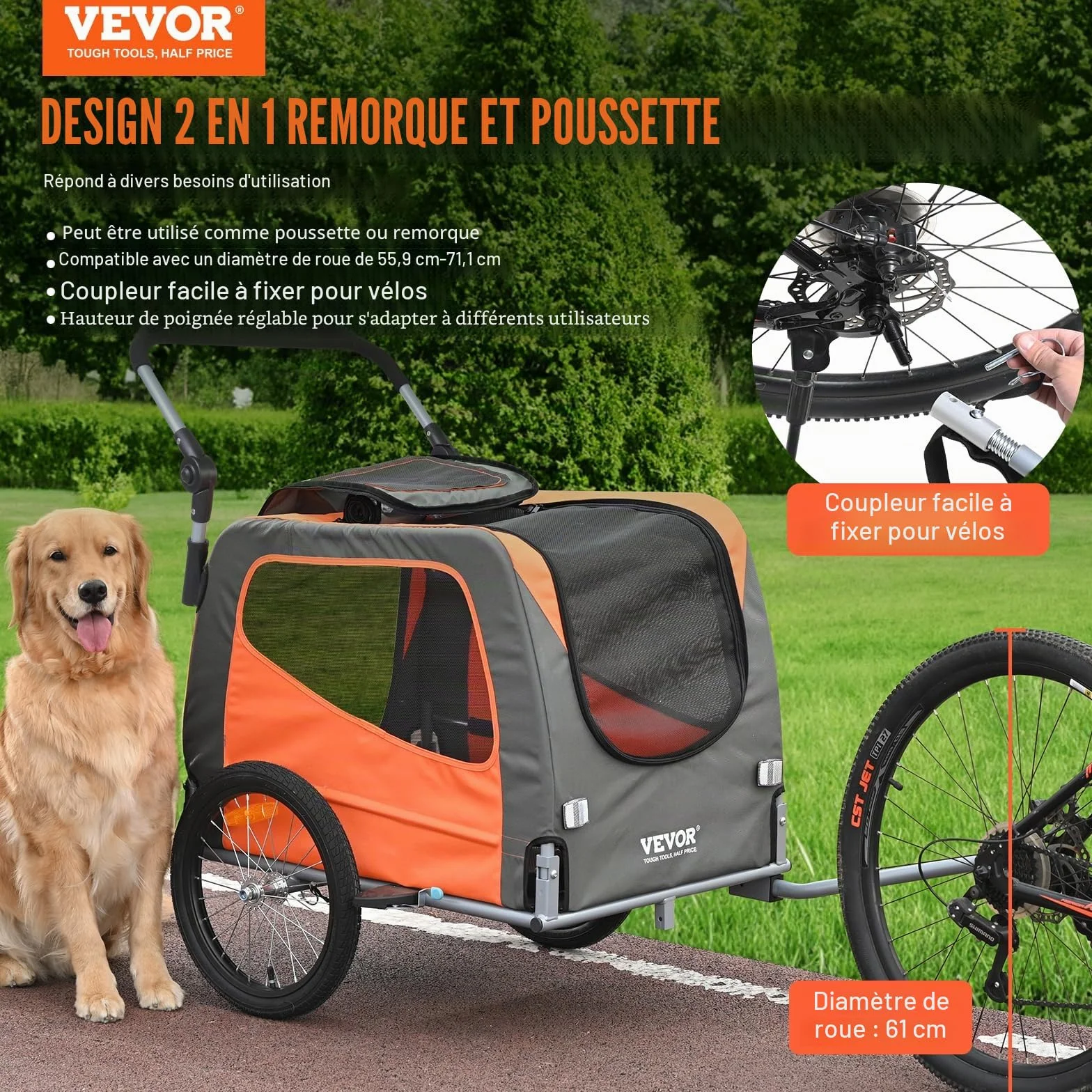 VEVOR Remorque de vélo pour chien 2 en 1 poussette pour animal domestique cadre pliable 45,4 kg roues à dégagement rapide coupleur de vélo