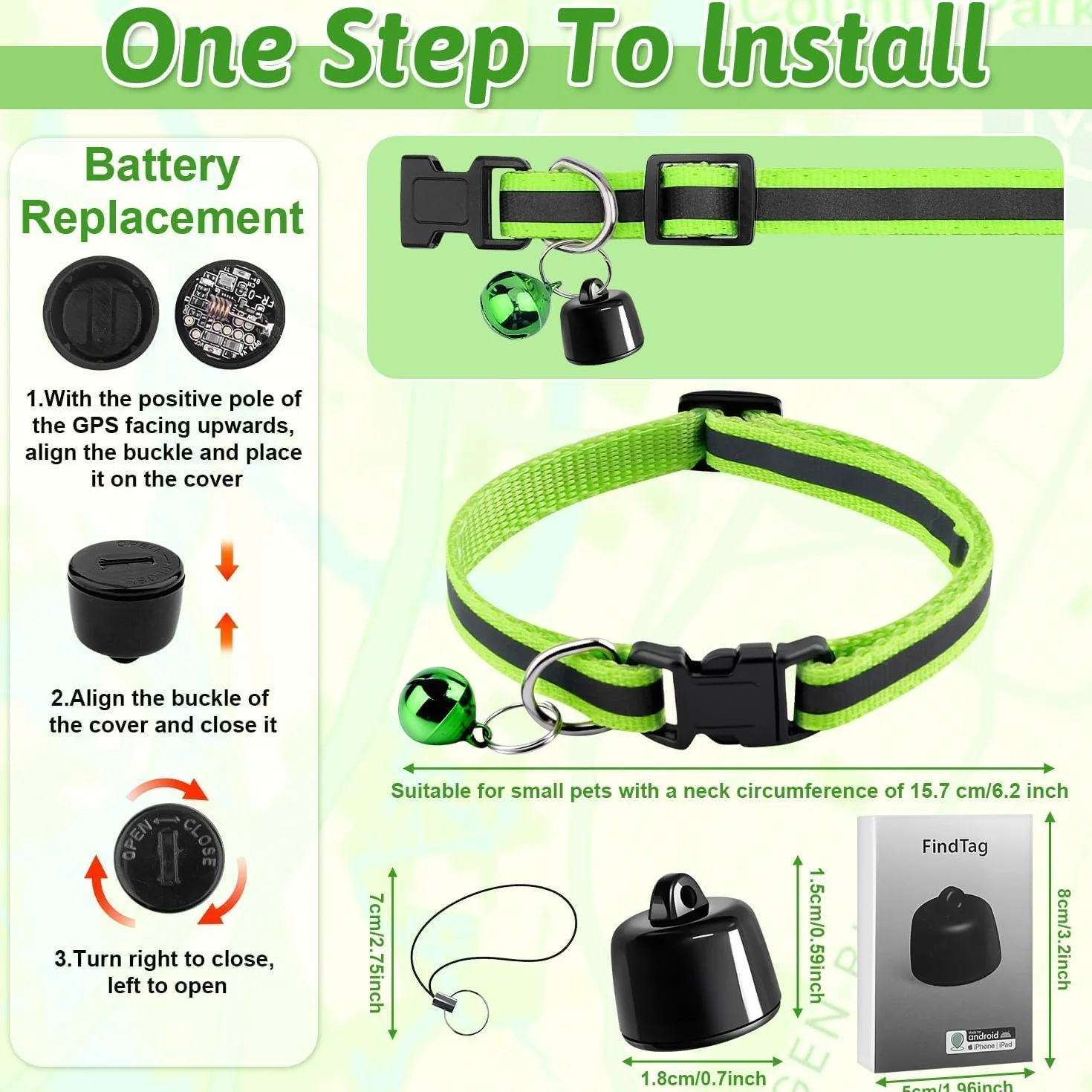 Collier GPS pour Chat Sans Abonnement, Localisateur GPS avec Suivi en Temps Réel, Compatible iOS/Android, Imperméable, Batterie Longue Durée (Vert)