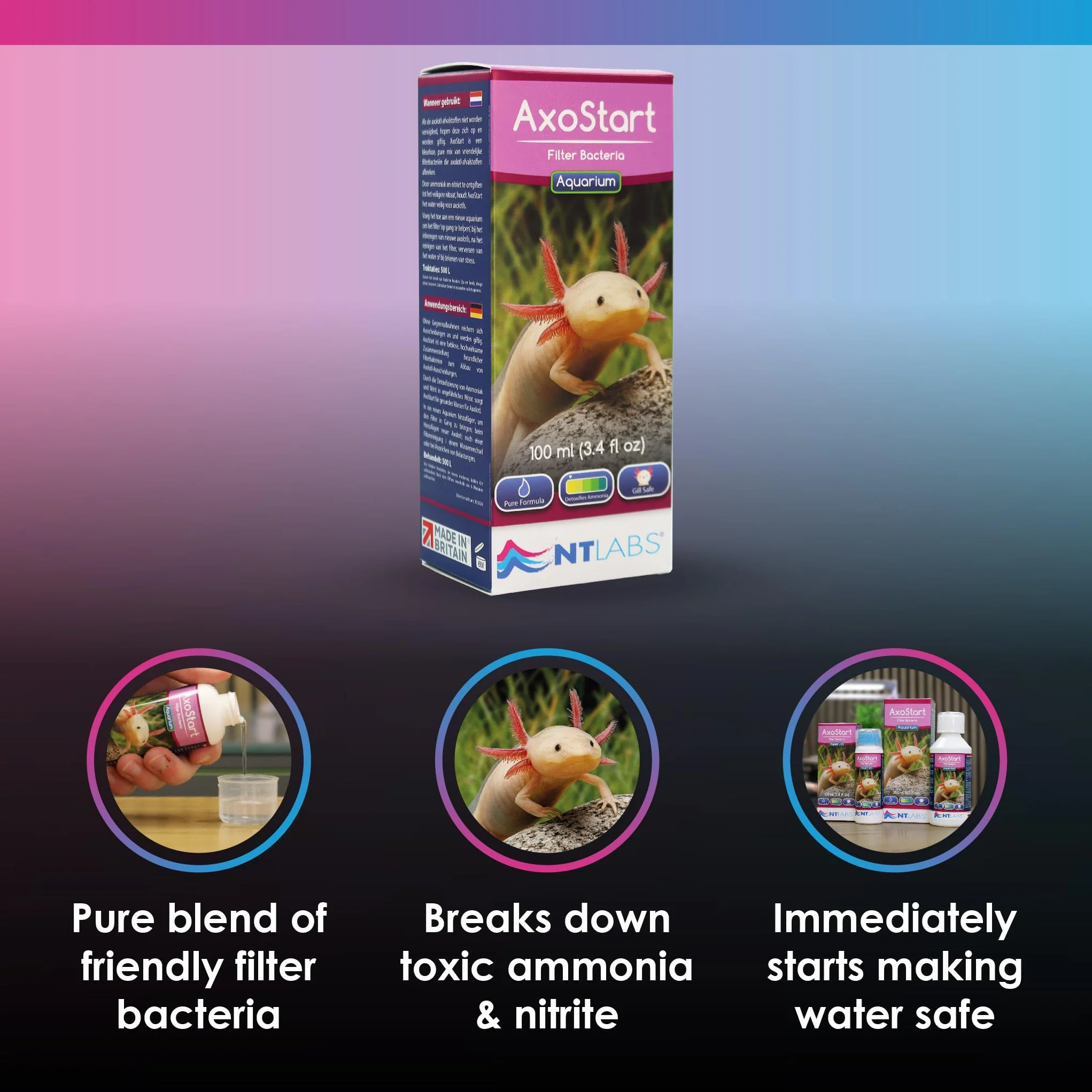 NT Labs Bactéries filtrantes Axolotl, décomposent les déchets d'axolotl toxiques, prévient l'ammoniac et le nitrite, utilisation après l'ajout d'axolotl ou d'un filtre propre (100 ml – traite 500 l)