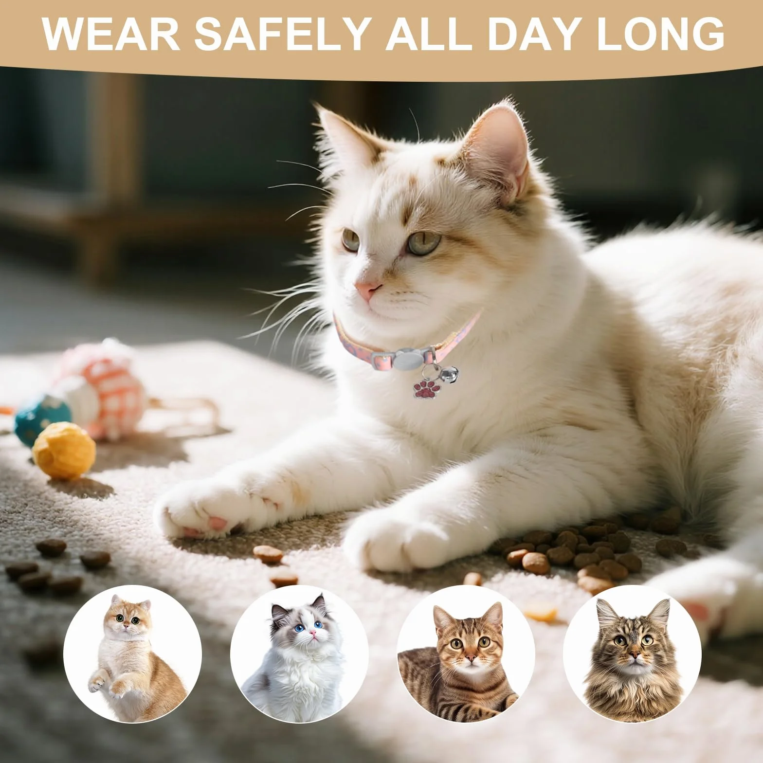 Collier pour Chats Réglable avec Clochette, Boucle de Sécurité, Design Pattes Mignon Rose et Blanc