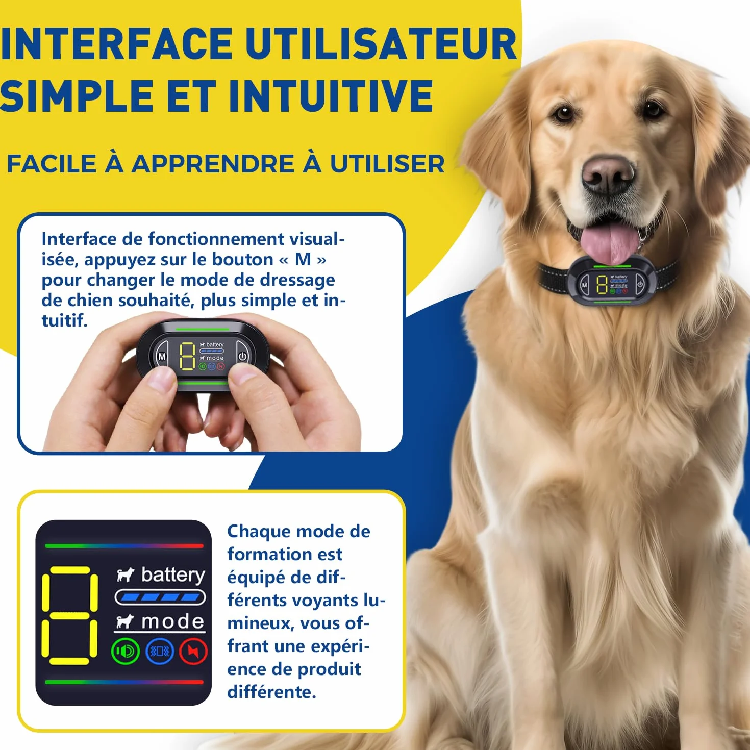 Collier Anti Aboiement Chien Rechargeable IP67 4 Modes Son Vibration Choc Electrique Réglable 5 Niveaux Sensibilité Noir