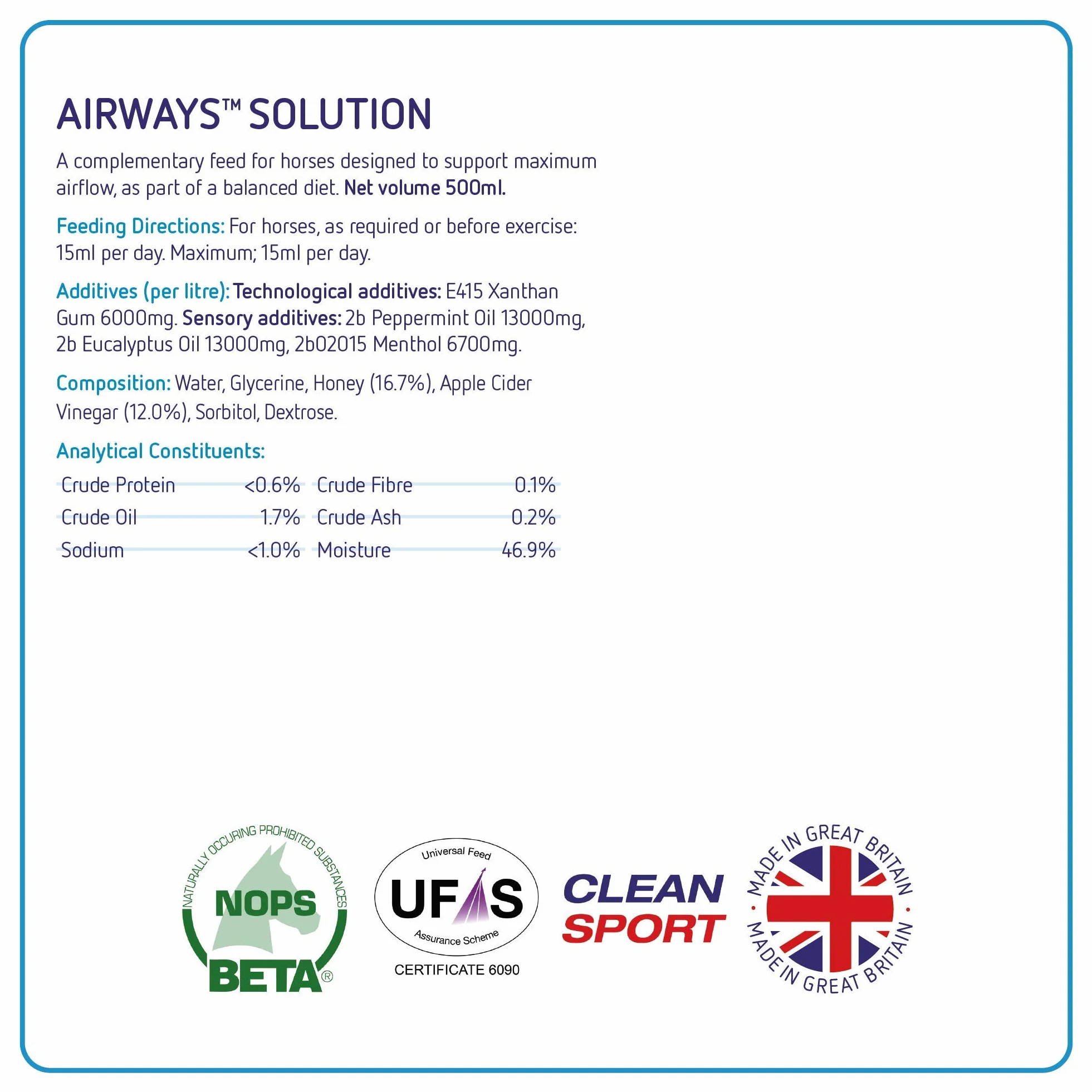 Equine America Complément Alimentaire pour Cheval Solution Airways 500 ML