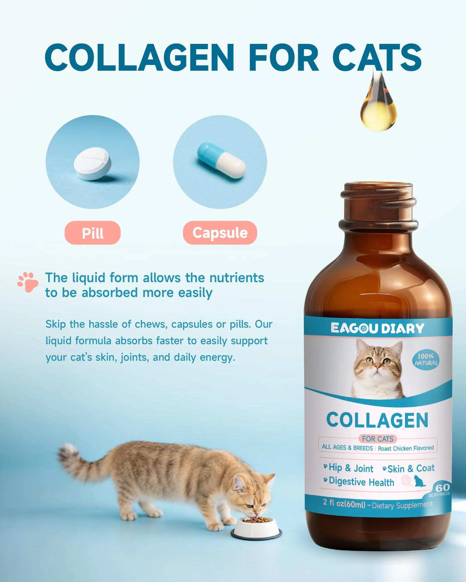 Eagou Diary Collagène pour Chats - Supplément Articulations, Peau et Pelage, MSM, Glucosamine, Huile de Coco, Vitamine E, 60ml