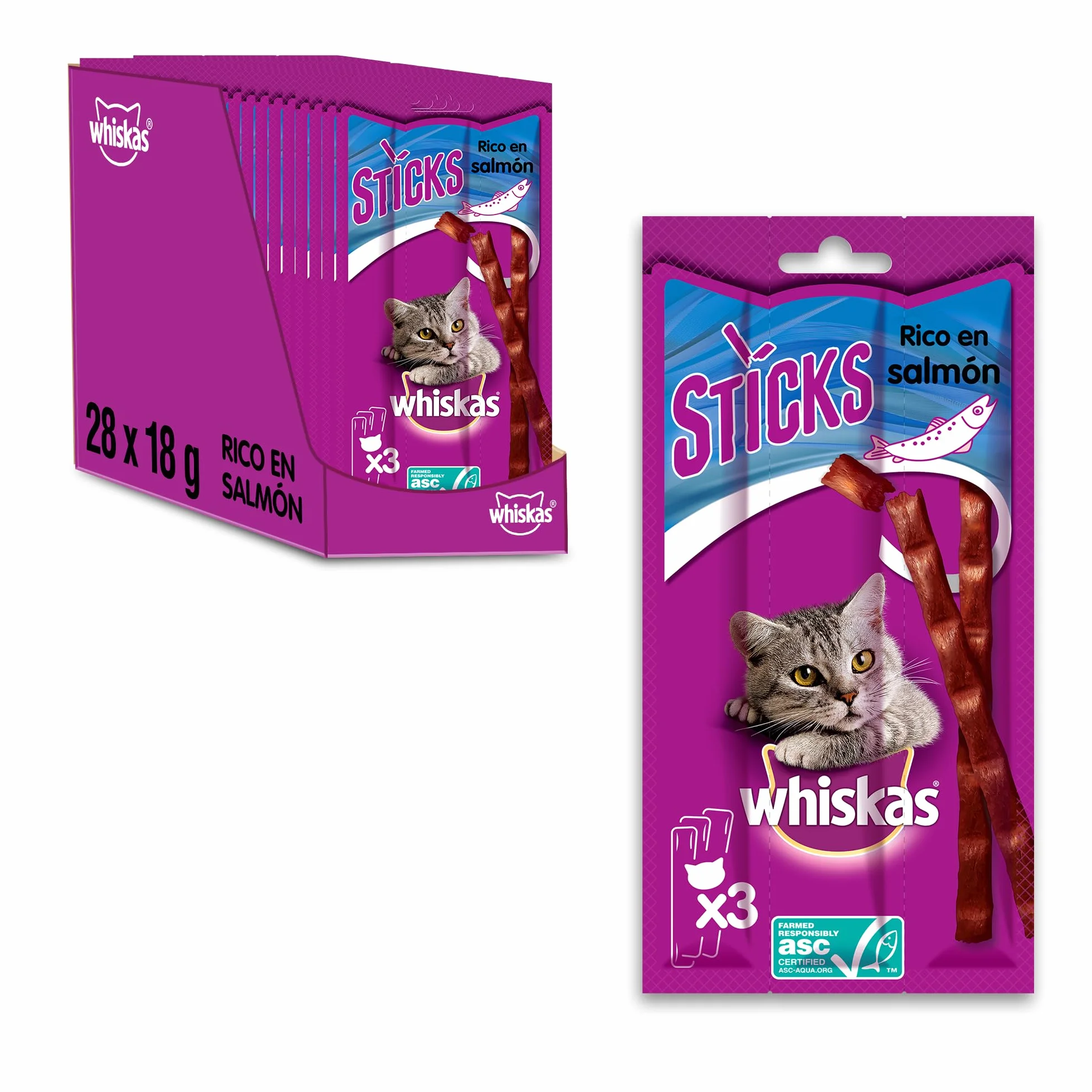 Whiskas Sticks Friandises chat adulte 90% poissons 28 sachets 3 bâtonnets