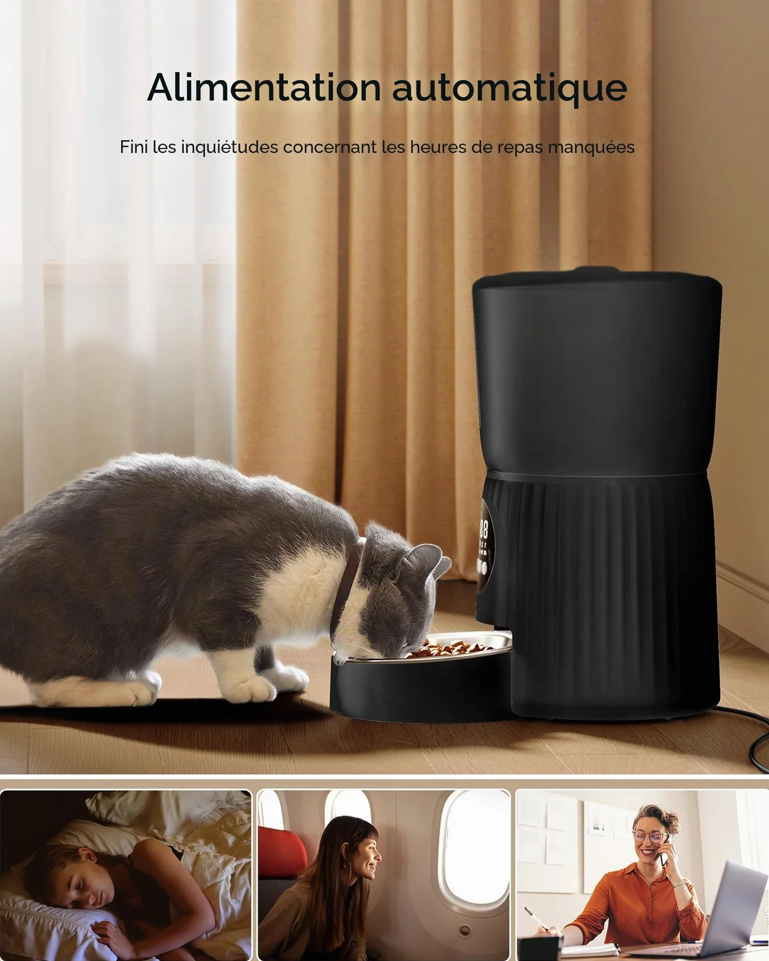 Faroro Distributeur Croquettes Chat Automatique 4L avec Contrôle des Portions, Enregistrement Vocal 10s, Alimentation Lente Noir