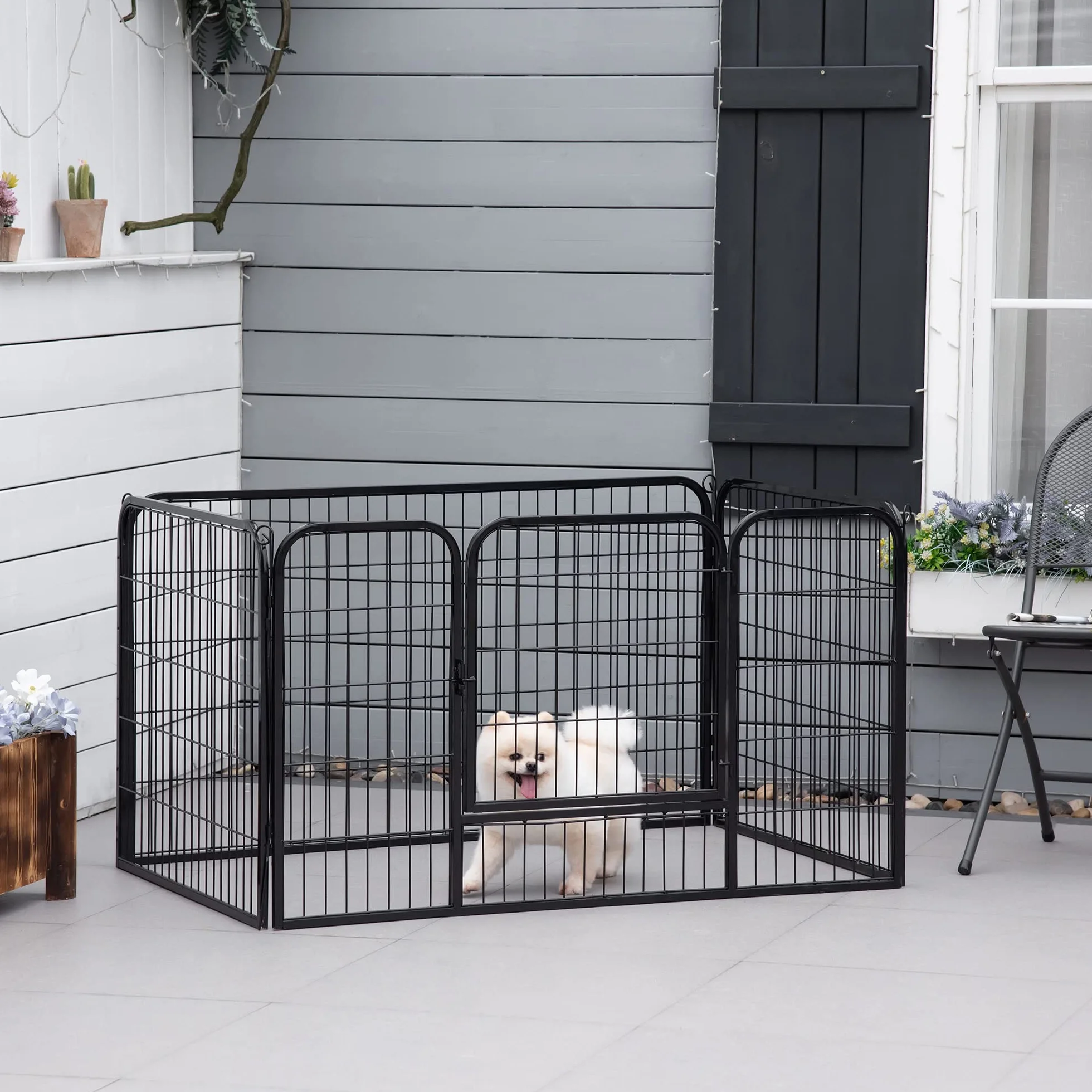 PawHut Luxe Parc enclos modulable Acier 4 Panneaux 1 Porte pour Chiens Lapins Petits Animaux 125x80x70 cm Noir