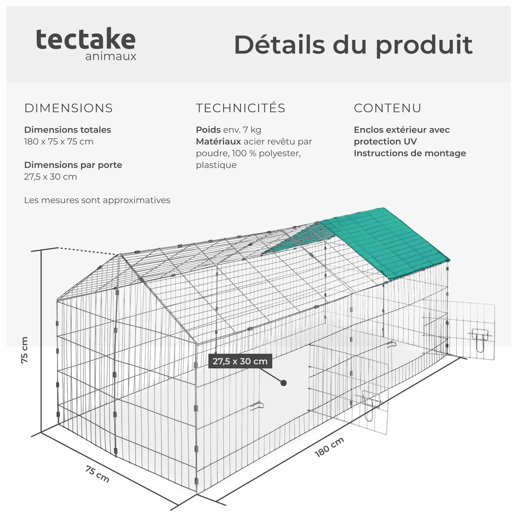 tectake Clapier Lapin Exterieur Cage Cochon d'Inde Lapin Rongeurs 180x75x75 cm Métal XXL Sol sans Fond 2 Portes Pare-Soleil Toit