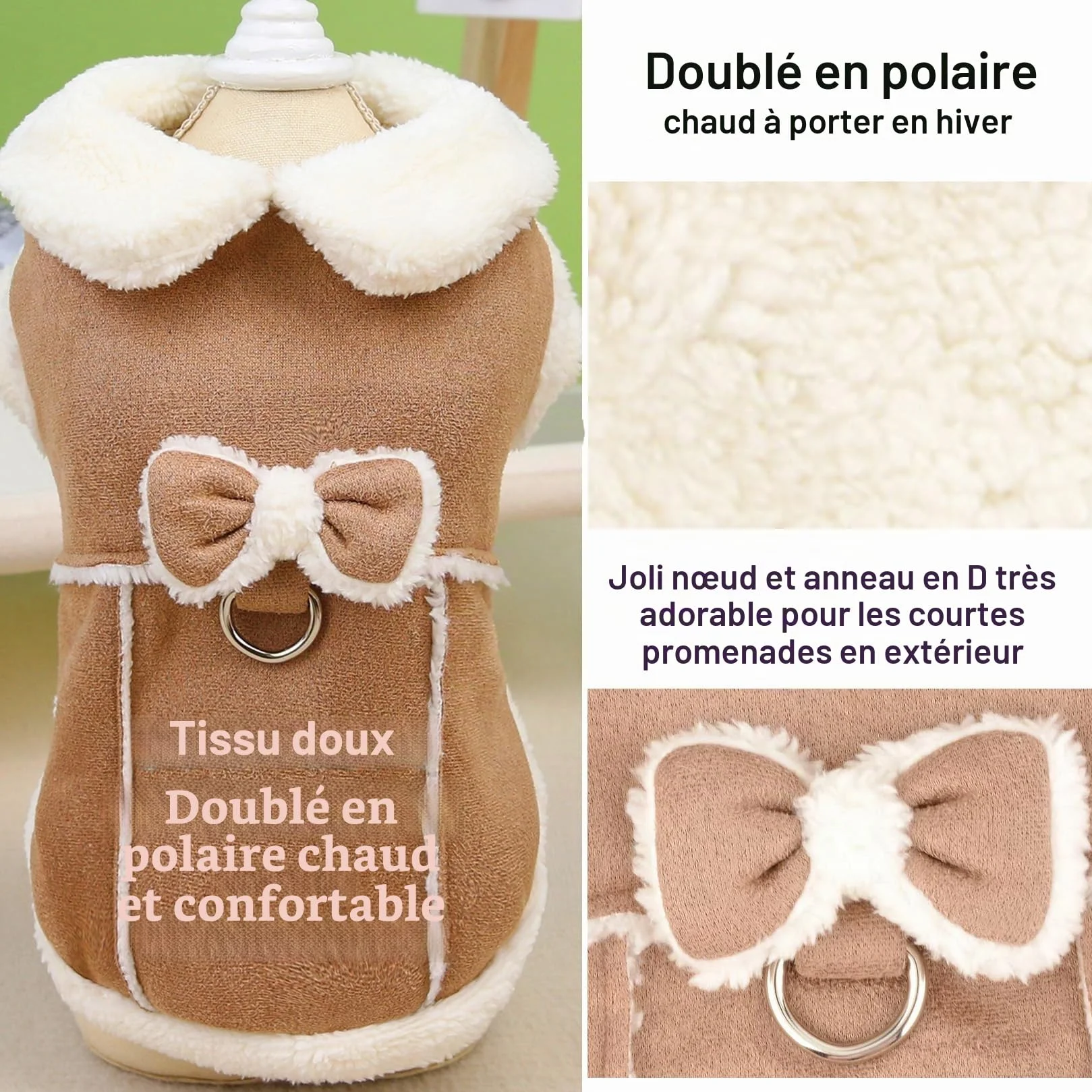 Manteau d'hiver en polaire pour chien avec anneau en D, gilet chaud et doux pour petit chien et chat