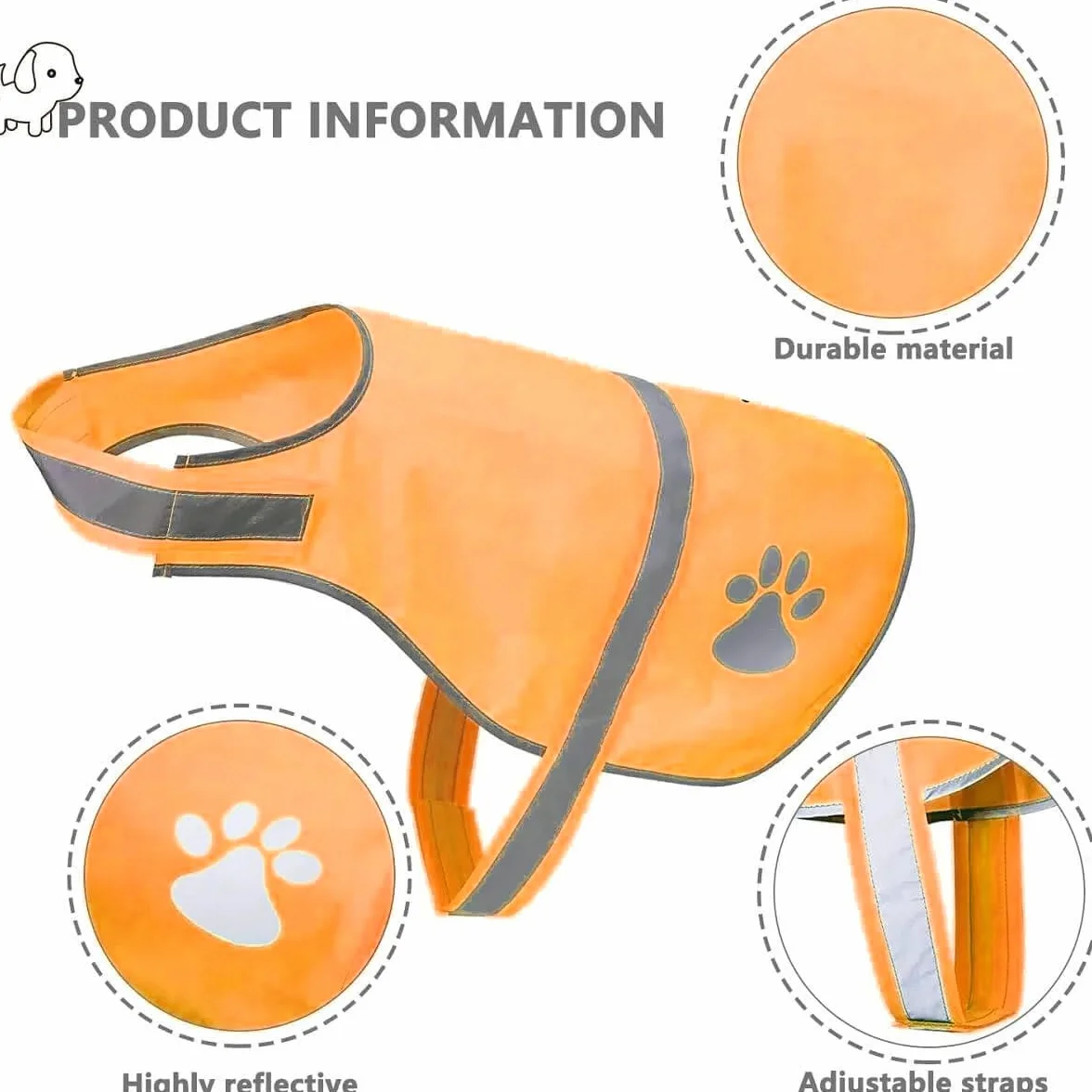 Gilet Réfléchissant pour Chien Haute Visibilité Orange M