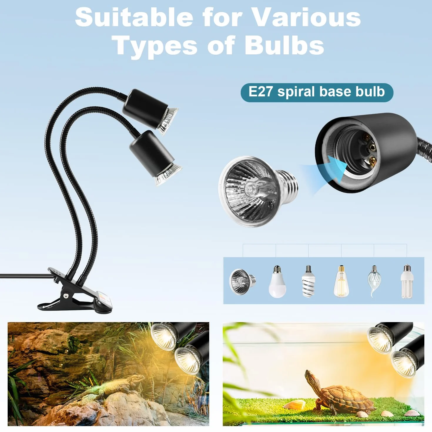 Lampe Chauffante Tortue à Deux Têtes 25W+50W Reptiles E27 UVA+UVB avec Minuterie Noir