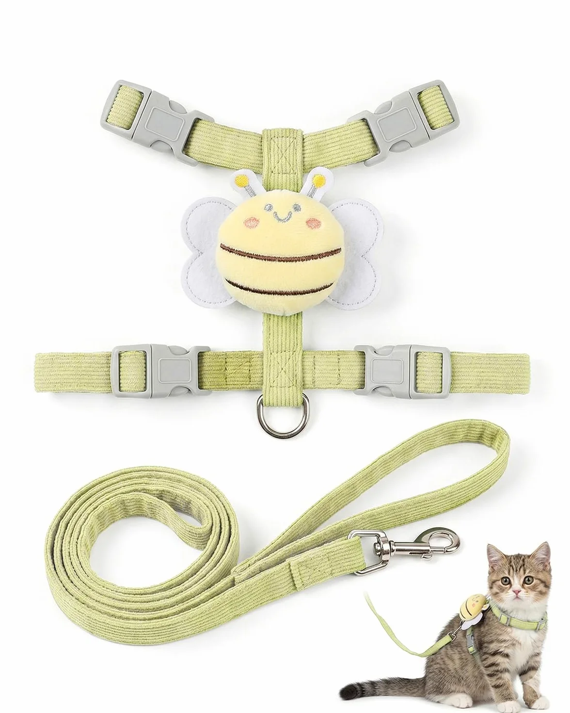 Harnais pour chat avec laisse taille M vert Motif petite abeille anti-évasion réglable pour chats chatons petits chiens lapins