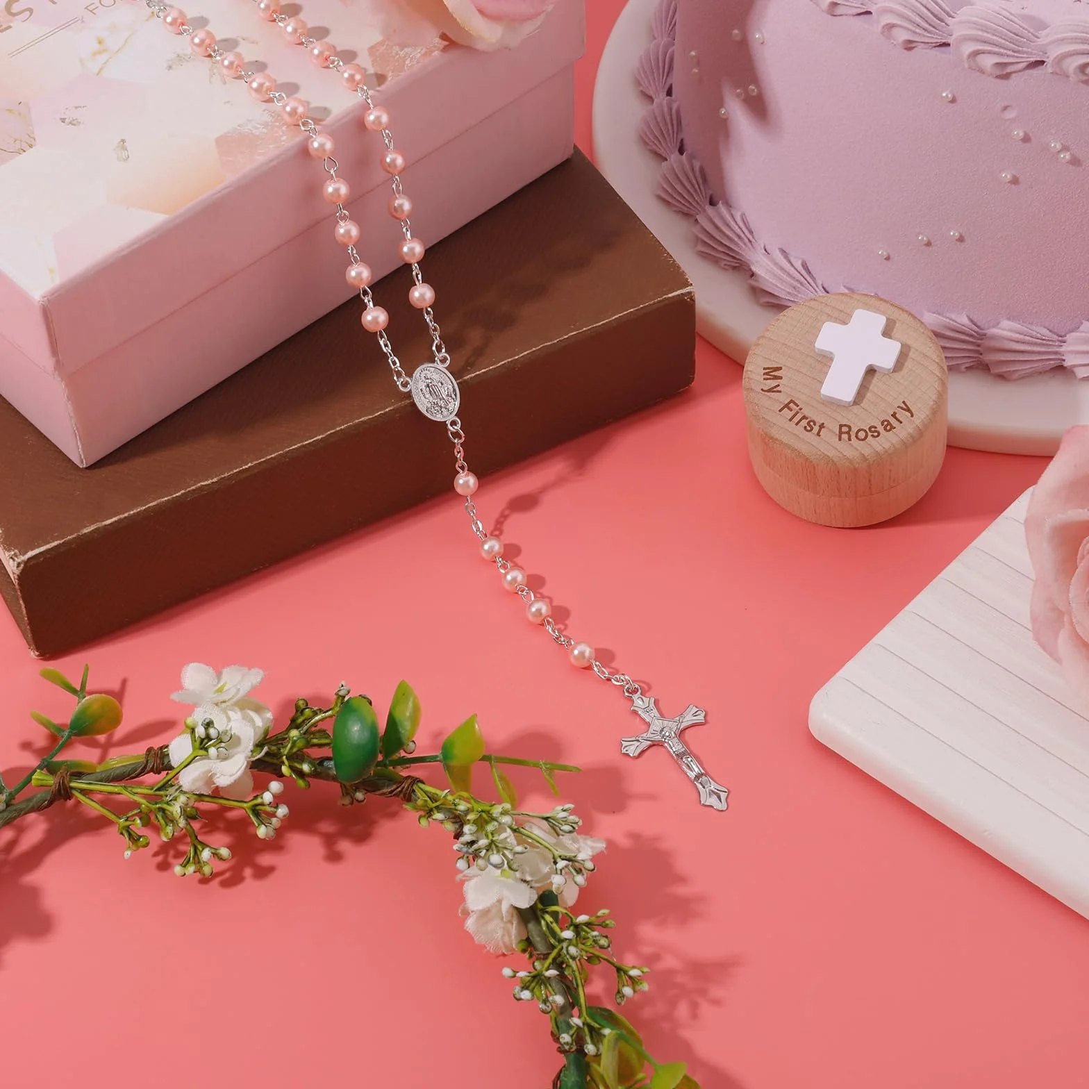 Cadeaux de Baptême My First Rosary Boîte à Souvenirs Collier Chapelet Rose Première Communion Catholique Baby Shower