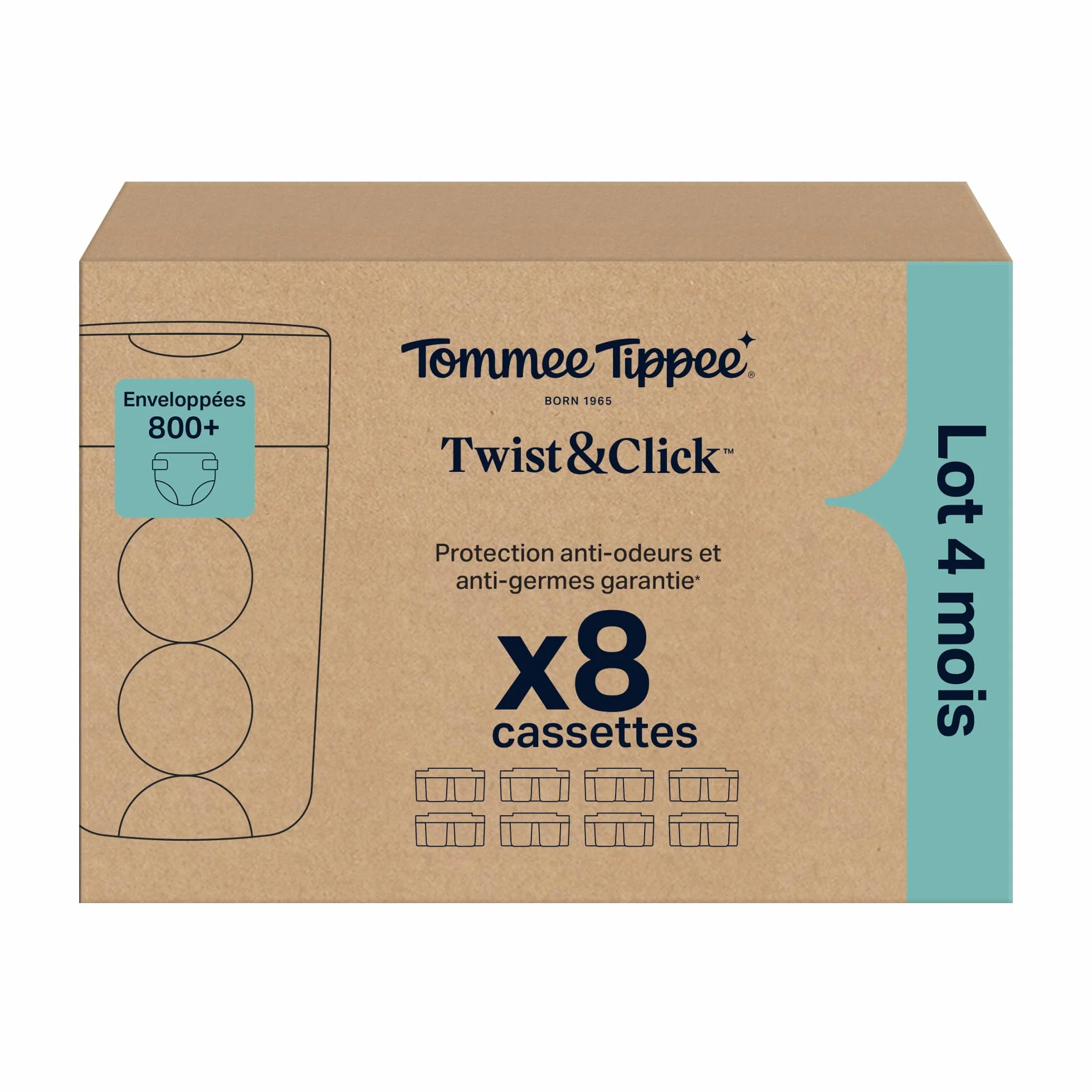 Tommee Tippee Cassettes de recharge originales Poubelle à couches Twist and Click Advanced, Lot de 8, 10,5 m