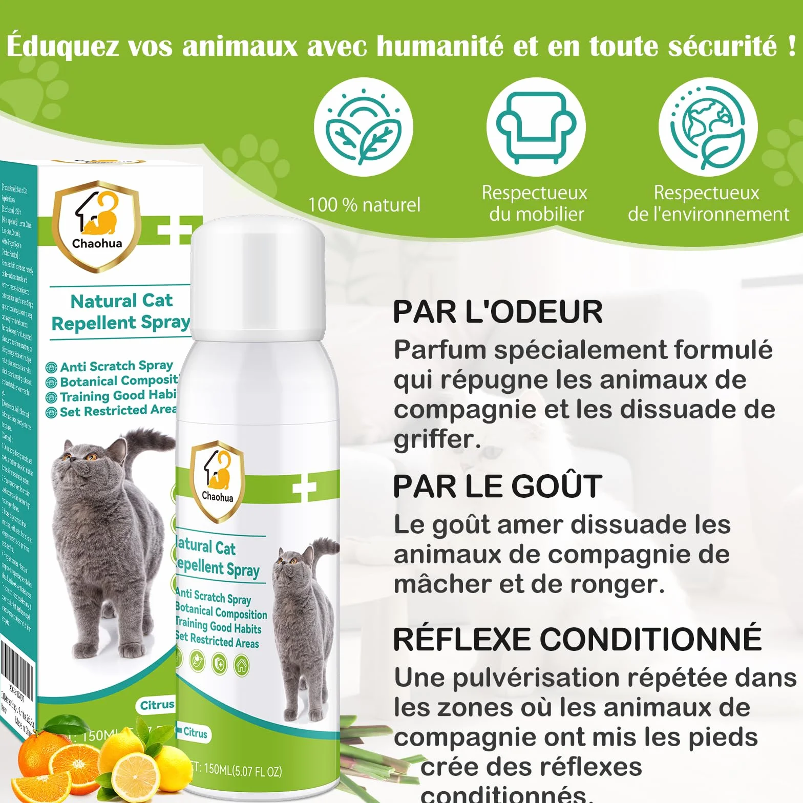 Repulsif Chat Interieur 150 ML Anti Griffure Spray Protéger Meubles Canapé