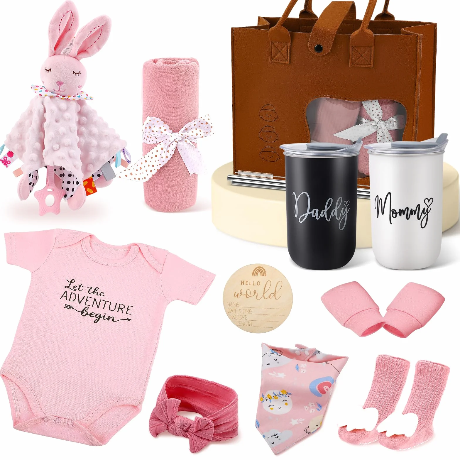 Coffret Naissance 13 en 1 Cadeau Bébé avec Grenouillère Doudou Tasse Couverture Bavoir Chaussettes Gants pour Filles