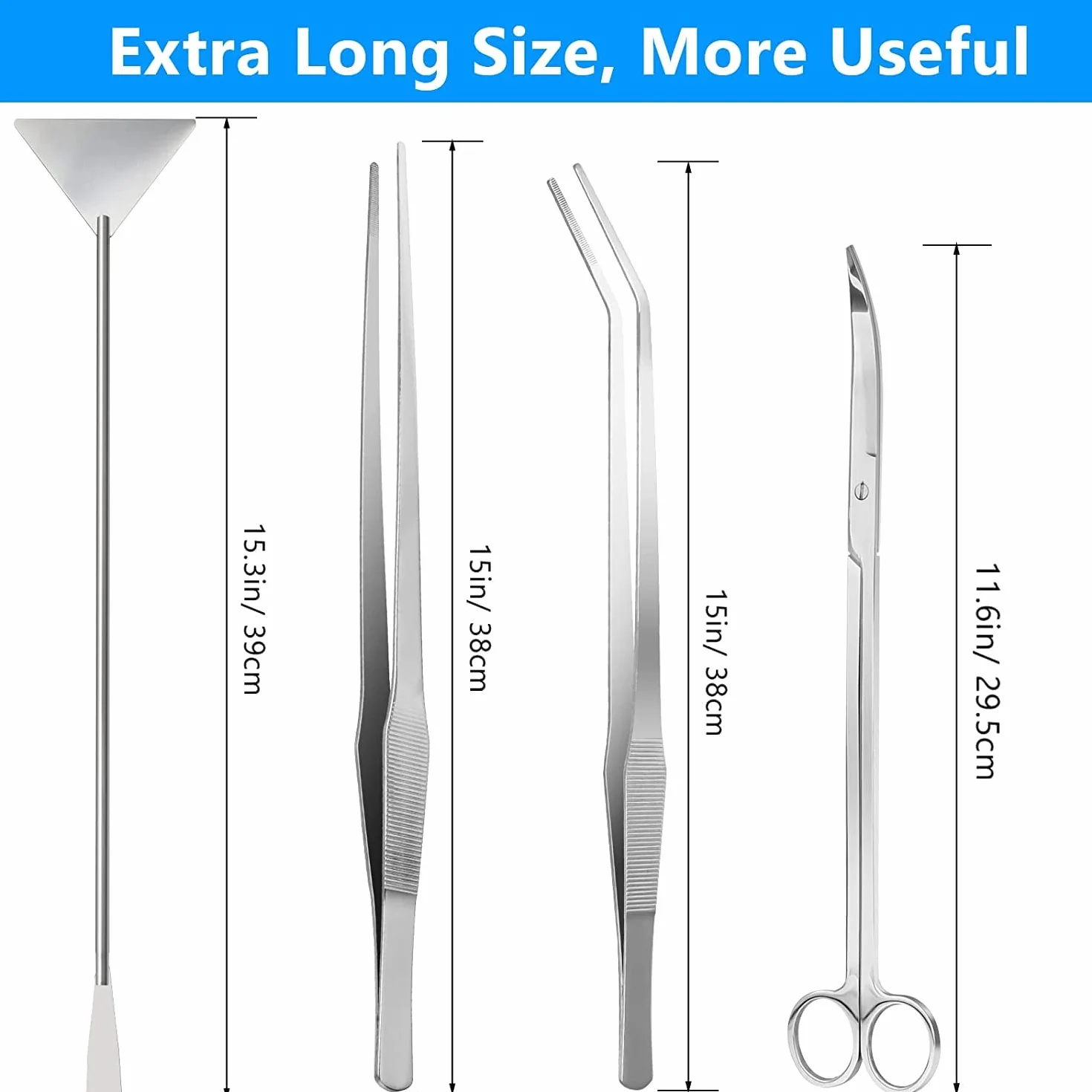 Kit 4 en 1 pour aquarium en acier inoxydable 38 cm argenté - Pince à épiler, Ciseaux, Spatule