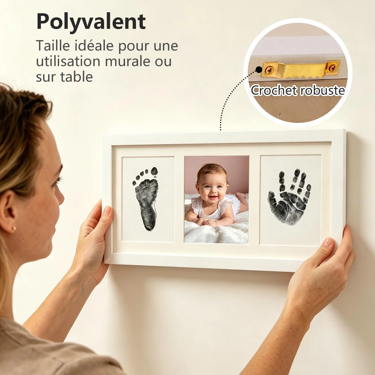 Cadre Empreintes Bébé Encre avec Tampon Encreur Clean Touch Non Toxique Cadeau Bébé Blanc