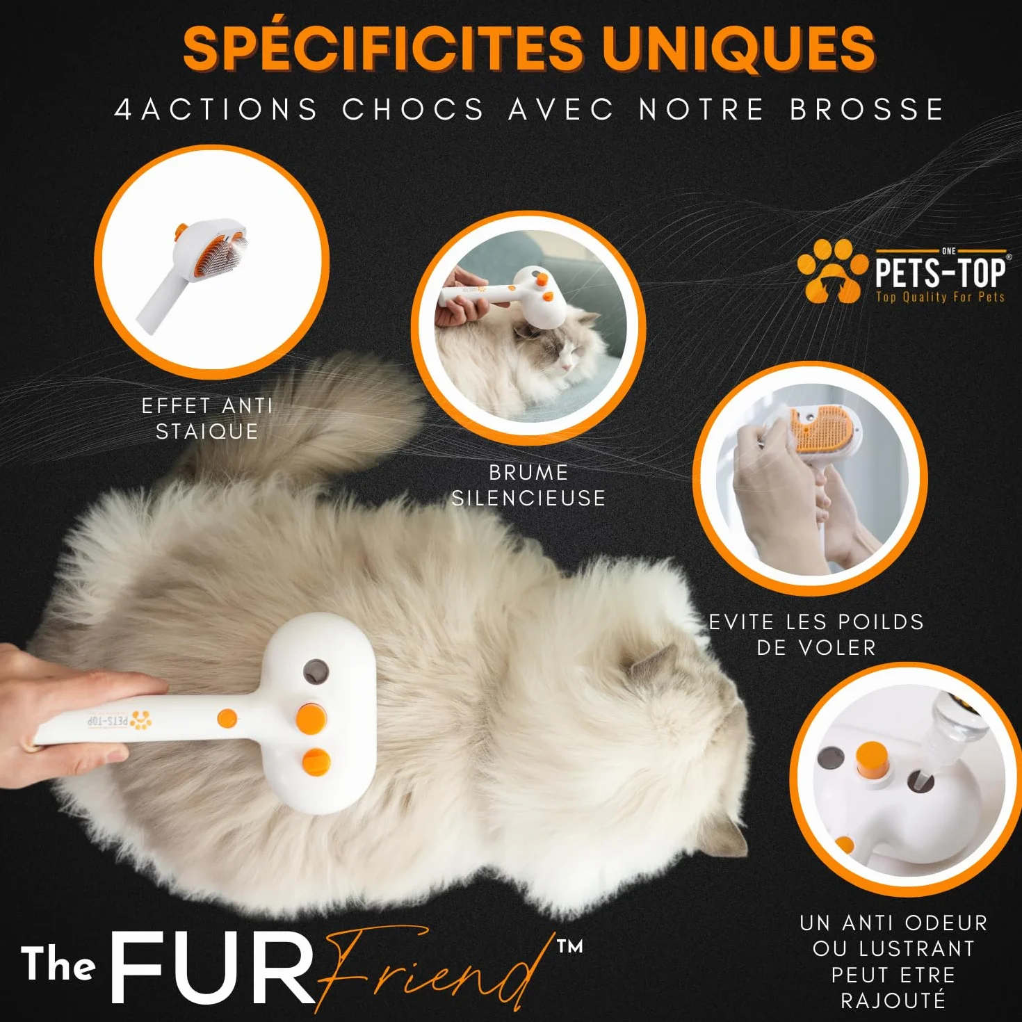 Brosse Chat Vapeur Autonettoyante PETS-TOP - Toilettage Chats et Chiens - Démêlante Poils Longs et Courts