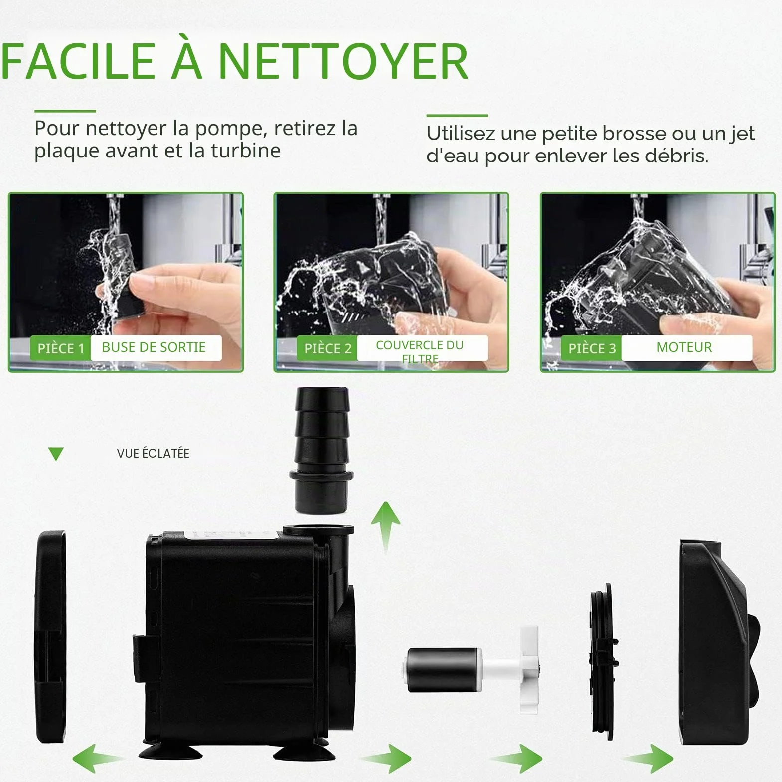 Pompe à eau d'aquarium silencieuse 600 L/H 10 W avec câble 1,5 m 2 buses pour aquarium bassin fontaine
