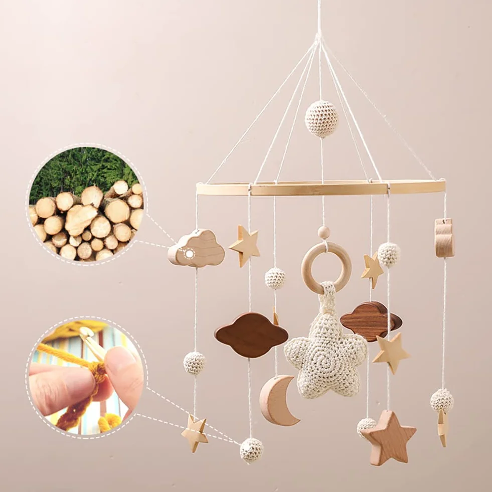 Mobile Musical en Bois avec Support Réglable et Boîte à Musique Décoration de Berceau (Beige)