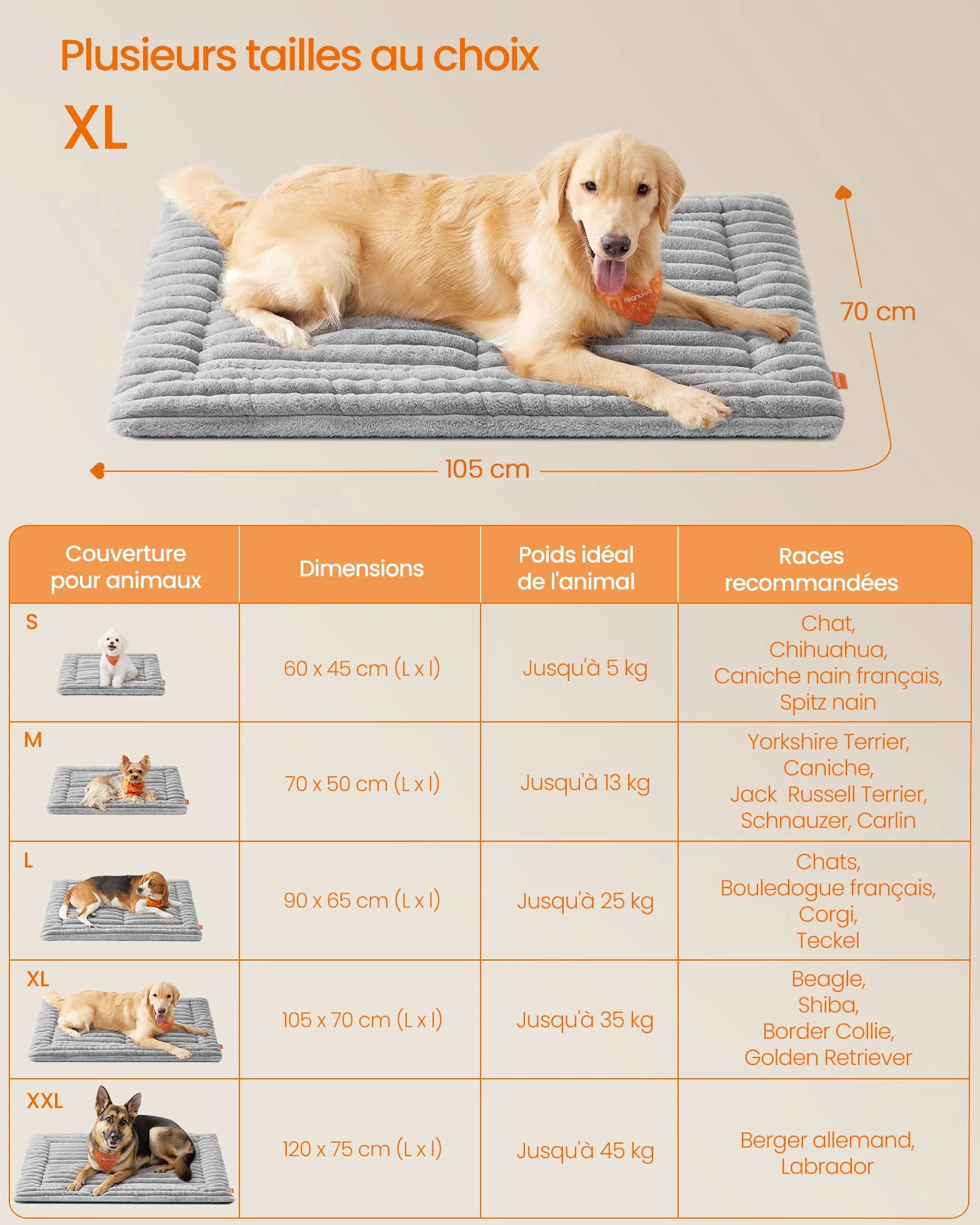 Feandrea Couverture pour Chien XL 105 x 70 cm Lavable en Machine Gris Tourterelle