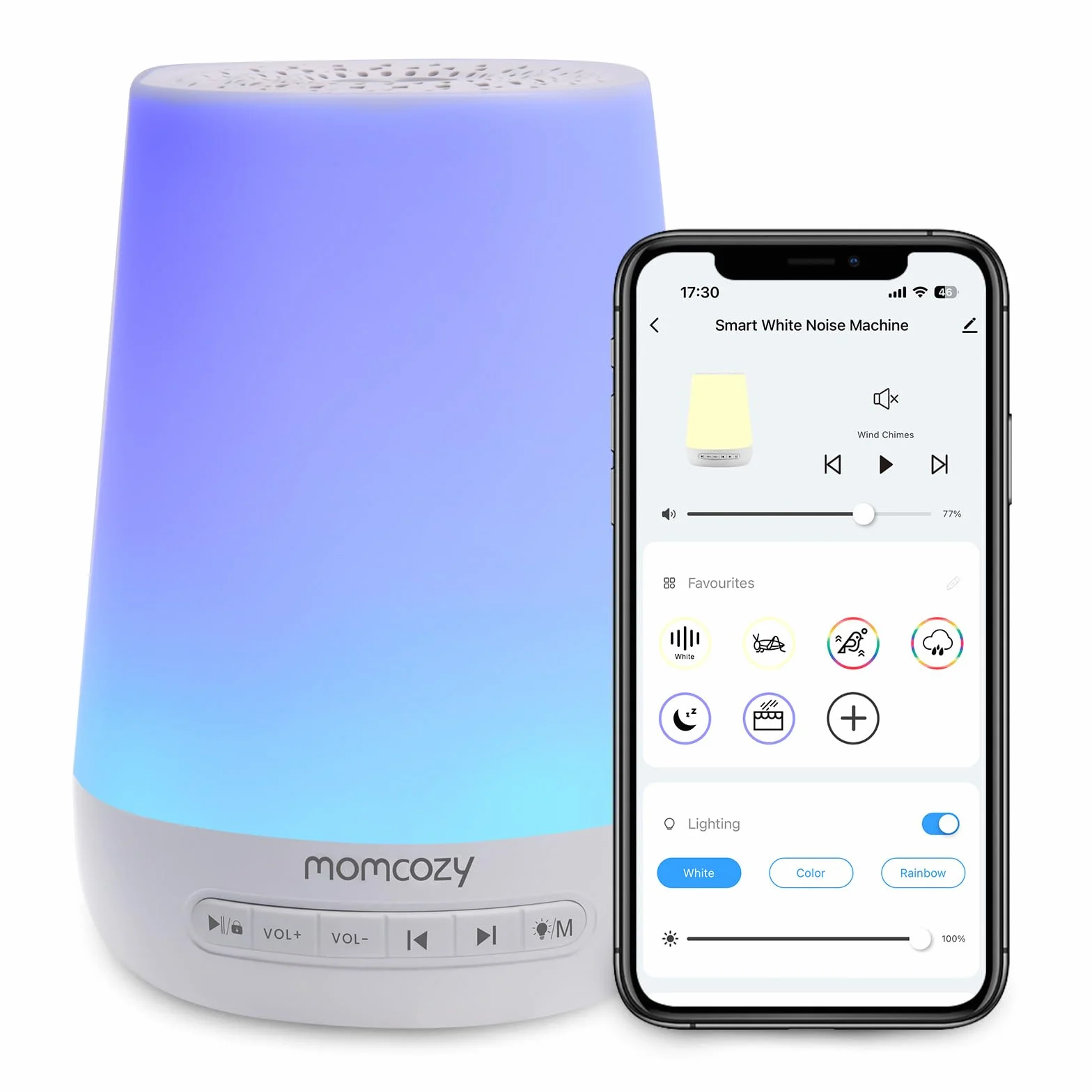 Momcozy Machine à Bruit Blanc Portable avec 34 Sons, Veilleuse 7 Couleurs, Contrôle APP DB03