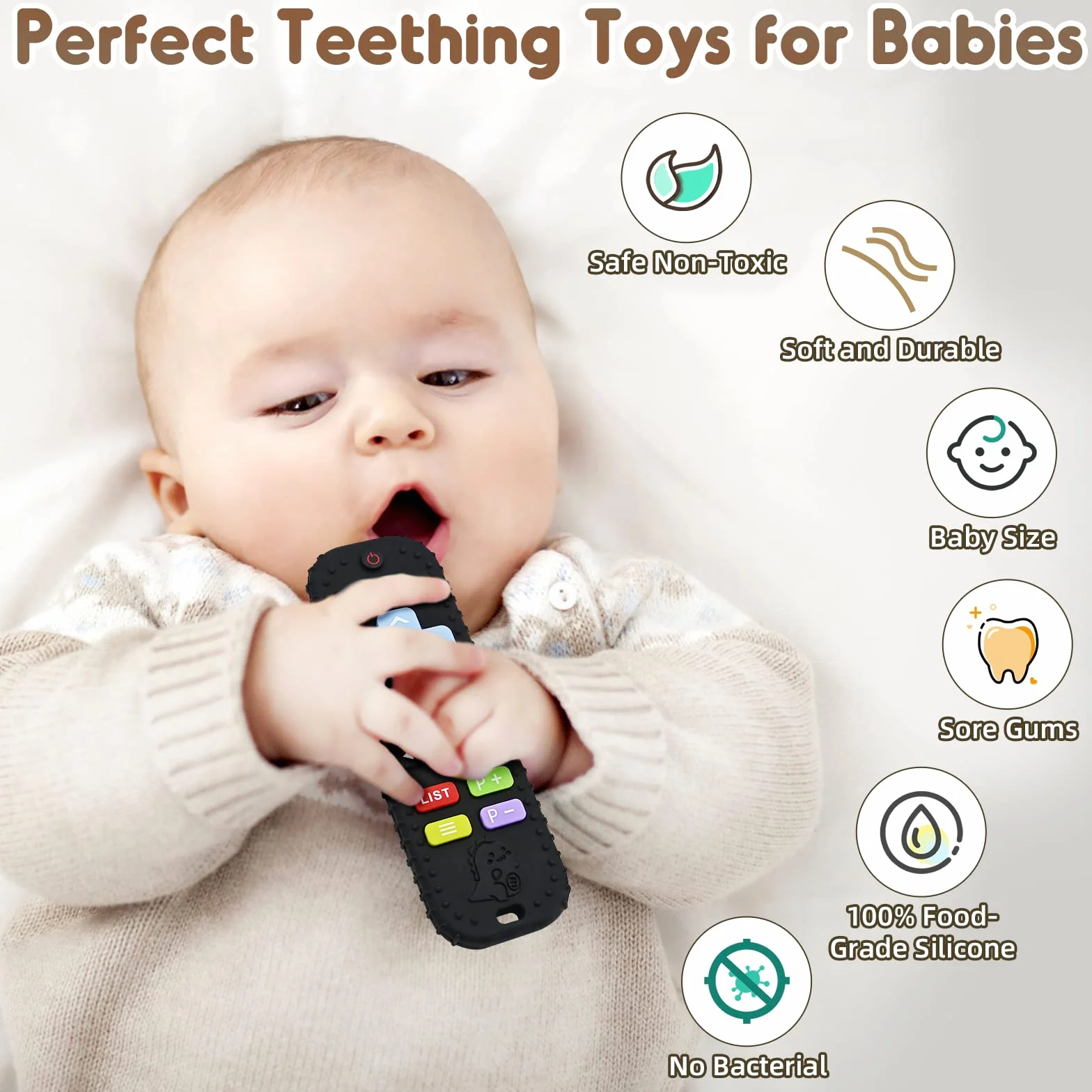 Soulagement des Dentition Jouet pour Bébés 3-12 Mois Télécommande en Silicone Sensoriel Noir