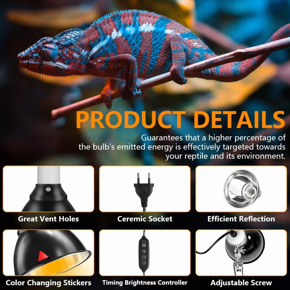 HOTUT Abat-jour chauffant pour reptile E27 avec clip, contrôle temps température, lampe dôme terrarium UVA UVB