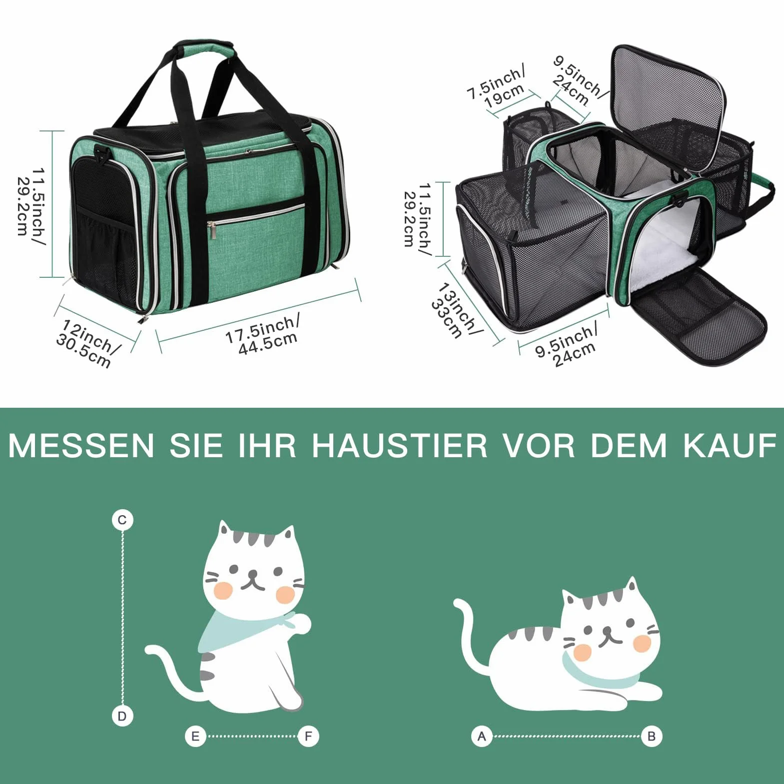 BAGLHER Sac de transport extensible pour chat étanche pliable 5 côtés portes ouvertes vert