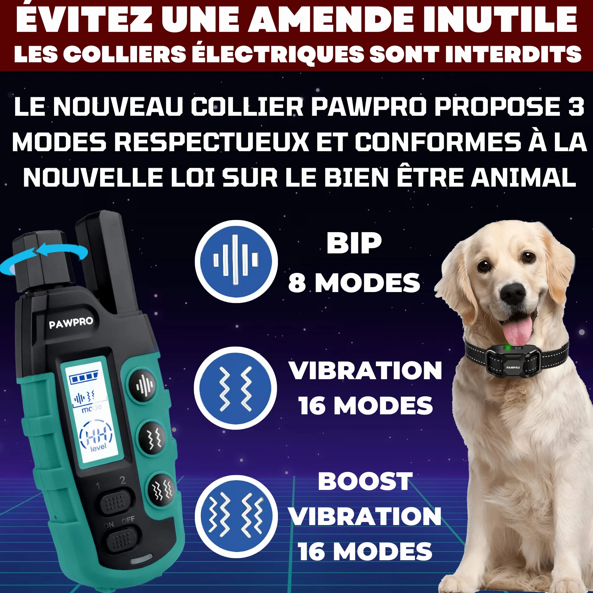 Collier de Dressage PAWPRO 3000m 3 Modes BIP Boost Vibration Conforme Loi 2024