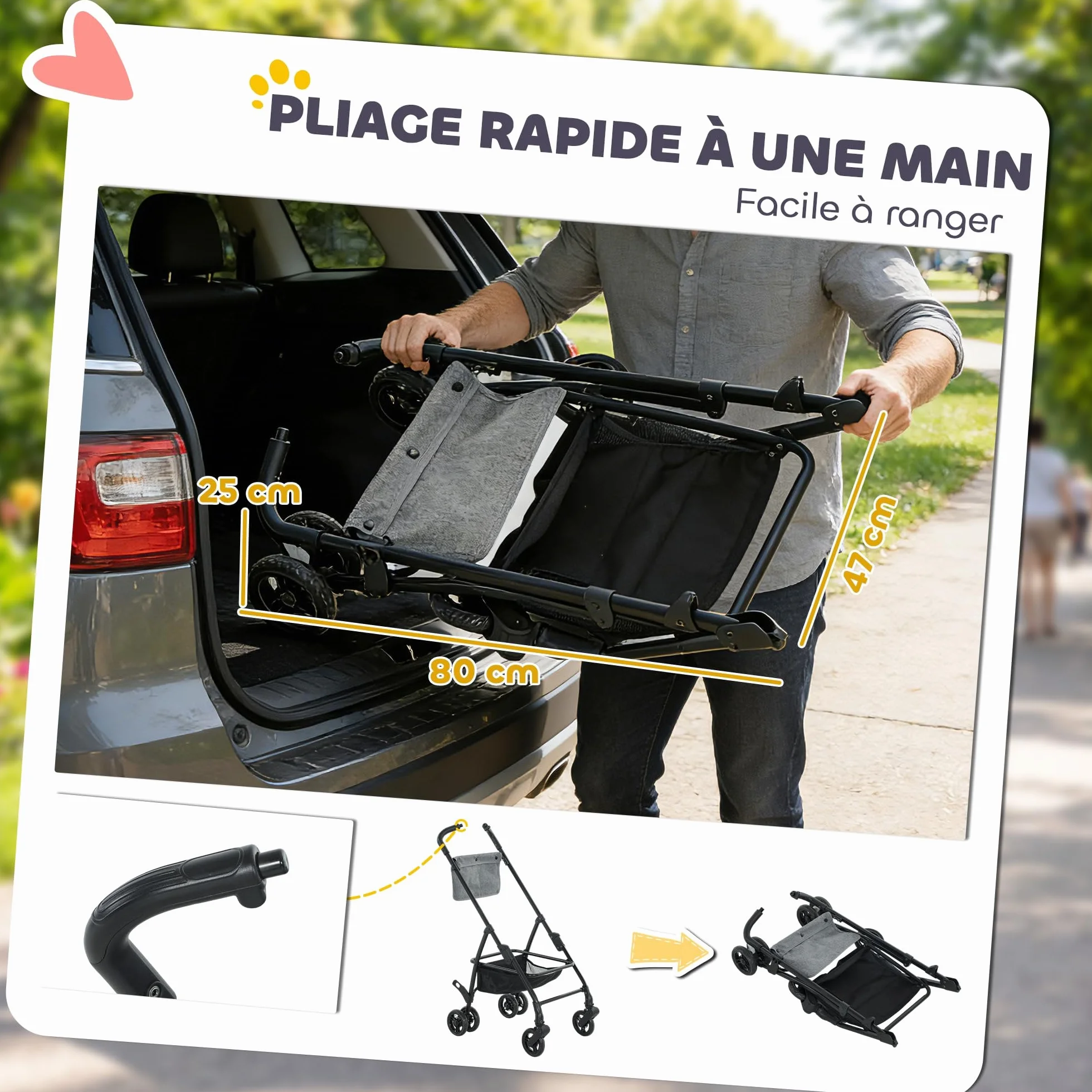 PawHut Poussette pour Chien 3 en 1 Détachable - Pousse-Chien Pliable avec Nacelle Amovible et Sans Fermeture Éclair - Suspension Tout-Terrain pour Petits Chiens et Chat de 10kg, Gris