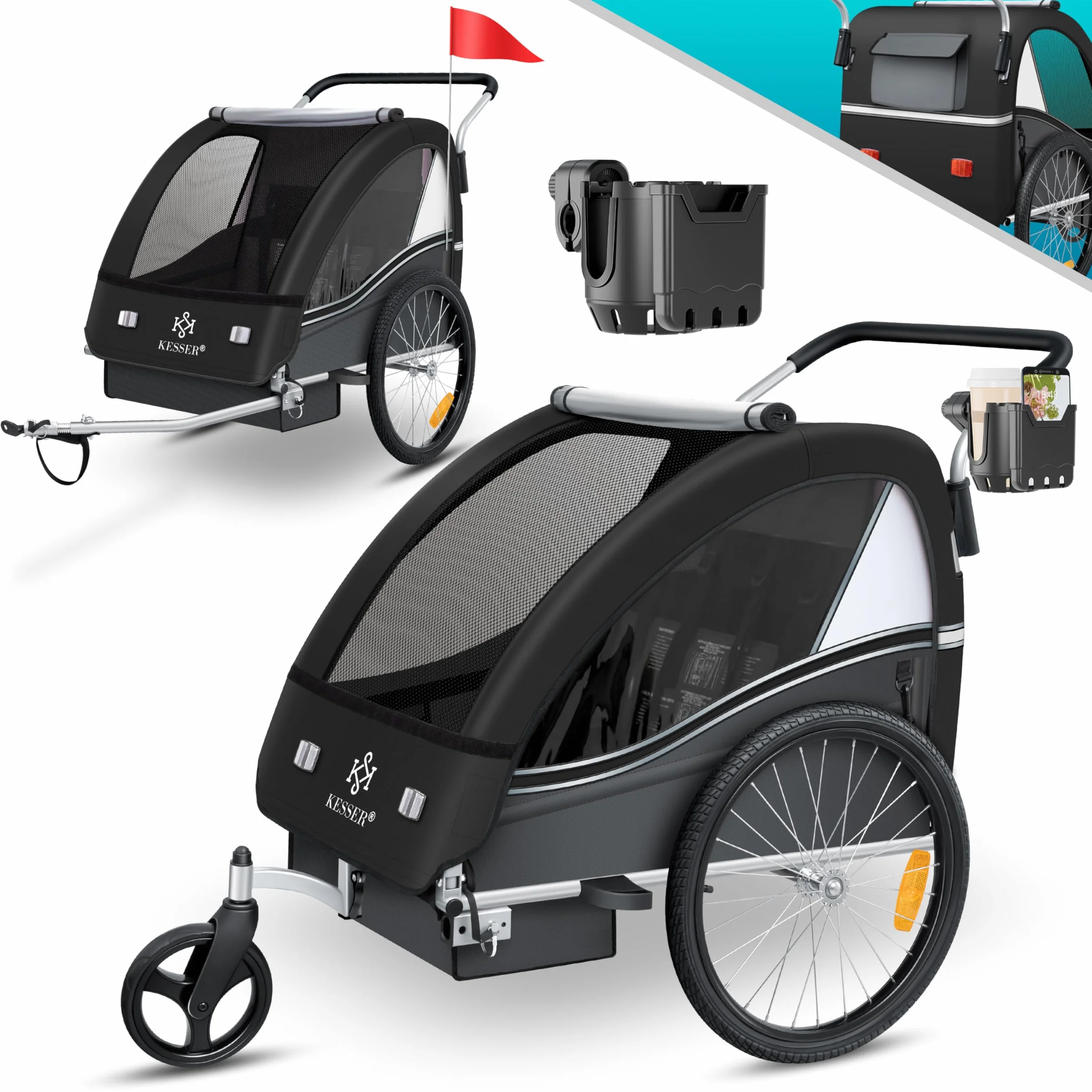 KESSER® Remorque pour Enfants 2en1 Sport-RX Vélo + Running Ceinture 5 Points 360° Roue Avant