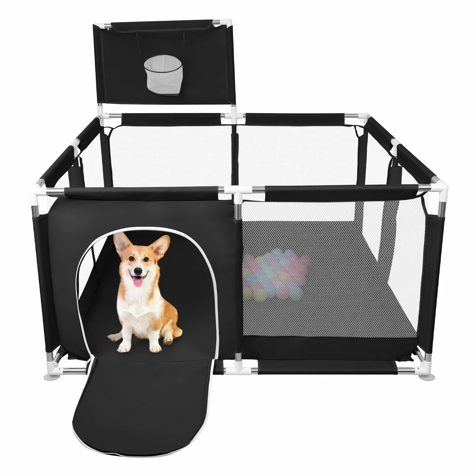 Parc à Chiots avec Porte, Clôture Solide en Tissu épais et Filet Nylon, 126x126x66cm, Noir