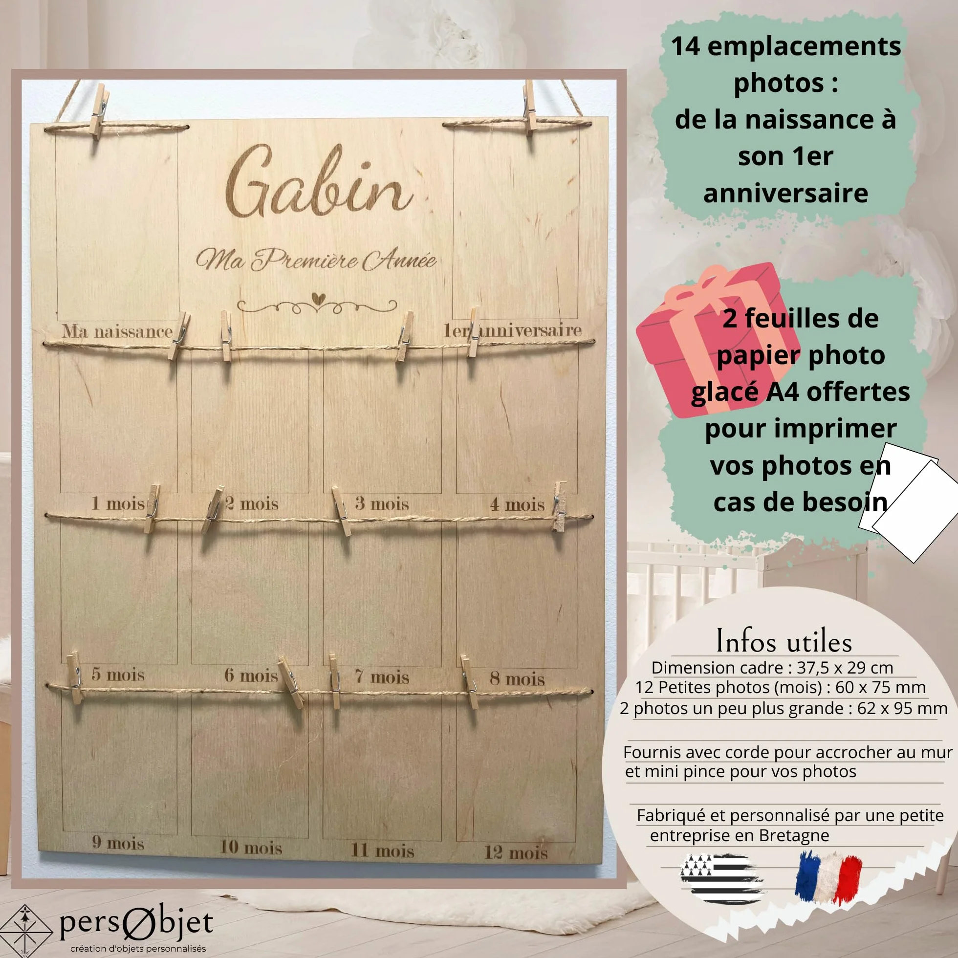 Cadre Photos Pêle-Mêle en Bois Personnalisé - Souvenirs Première Année Bébé - Décoration Chambre Enfant