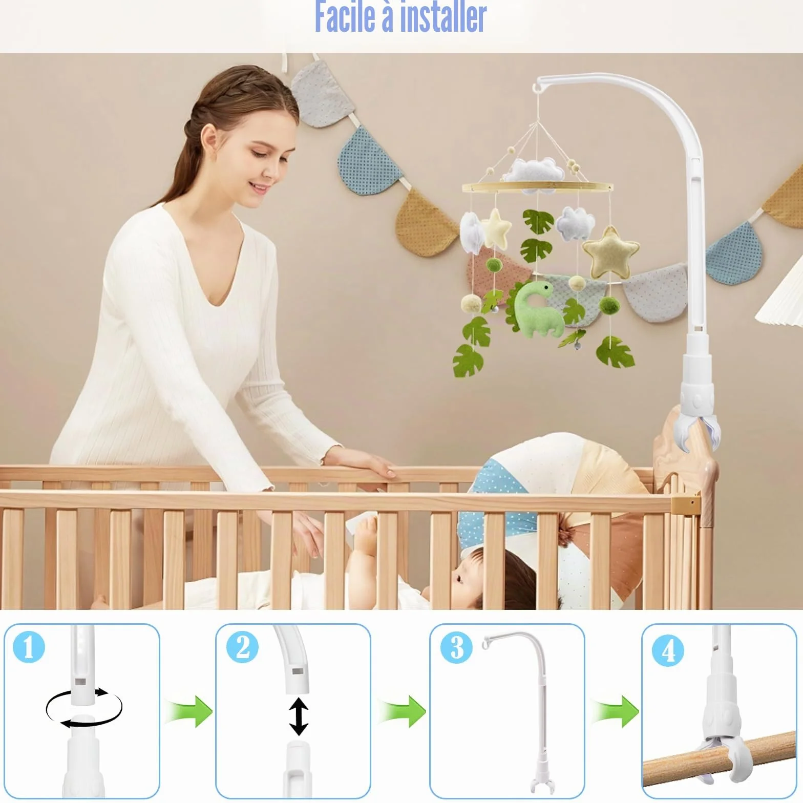 Support Mobile Lit Bébé Berceau Amovible Réglable en Largeur, Carillon à Vent Suspendu, Jouet Nouveau-né 0-12 Mois