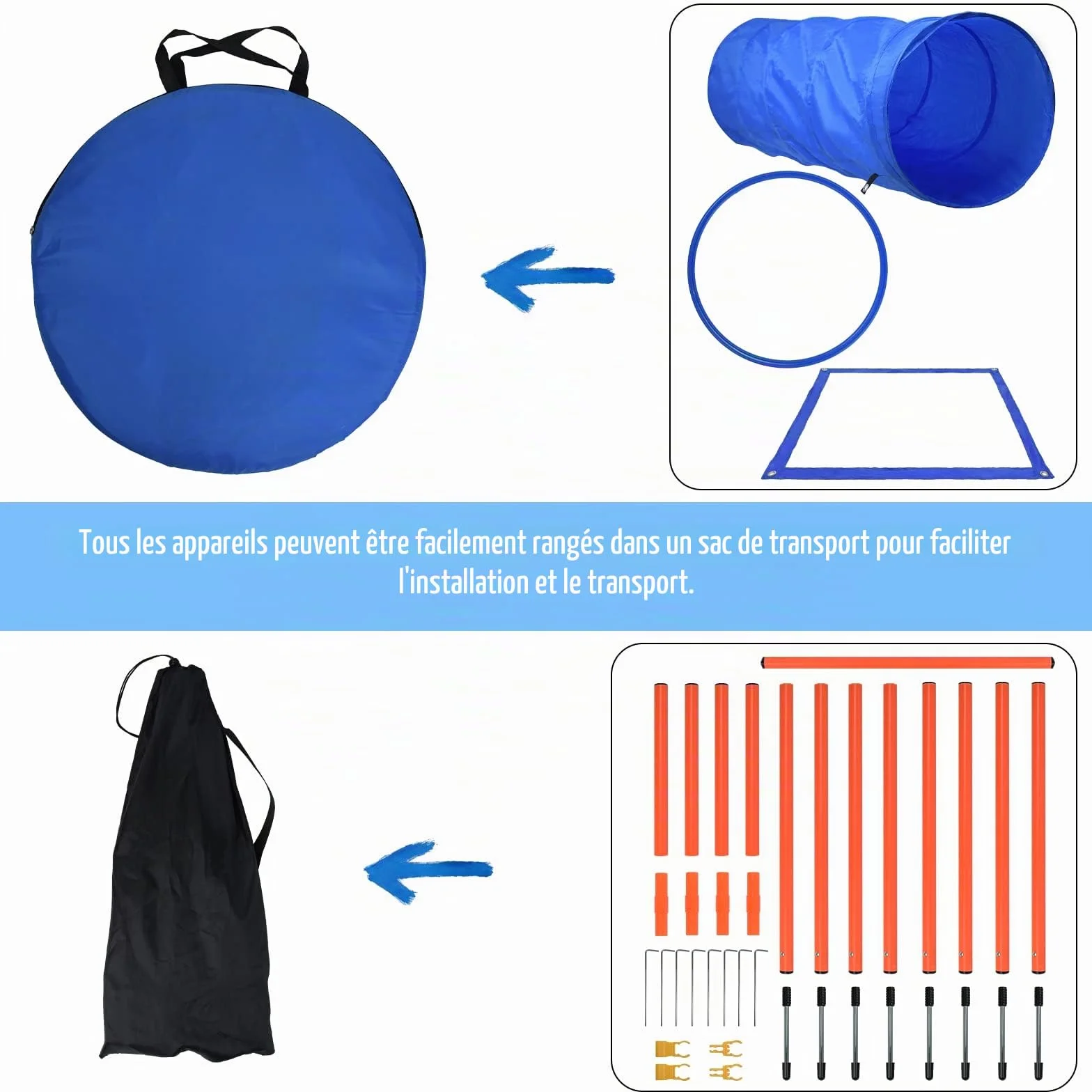 Kit d'équipement d'agilité pour chiens avec tunnel, barres de slalom réglables en hauteur et sac de transport
