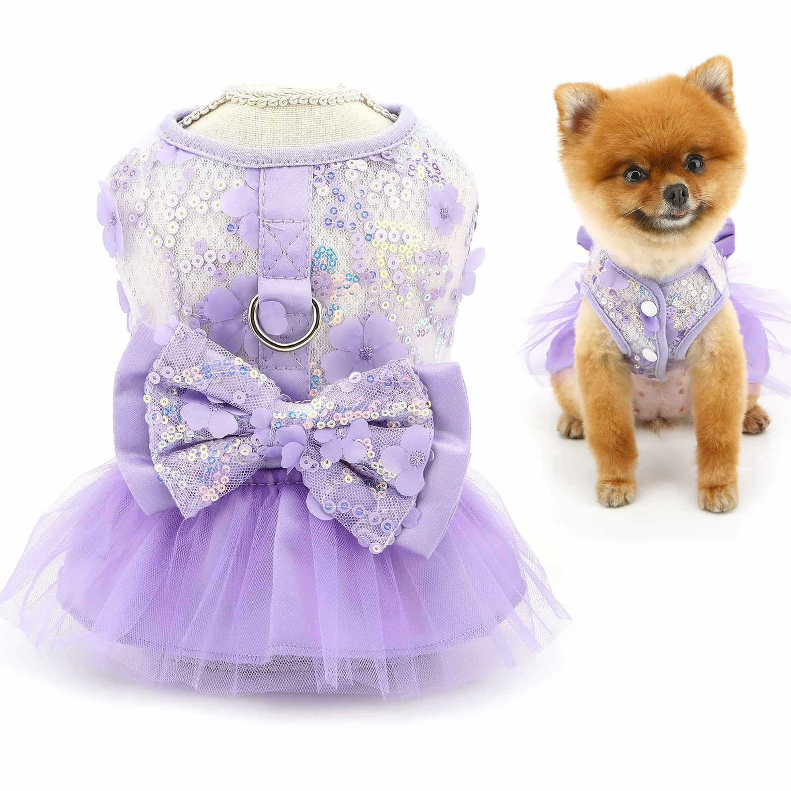 Robe à motif floral pour petit chien et fille avec anneau en D et nœud en dentelle