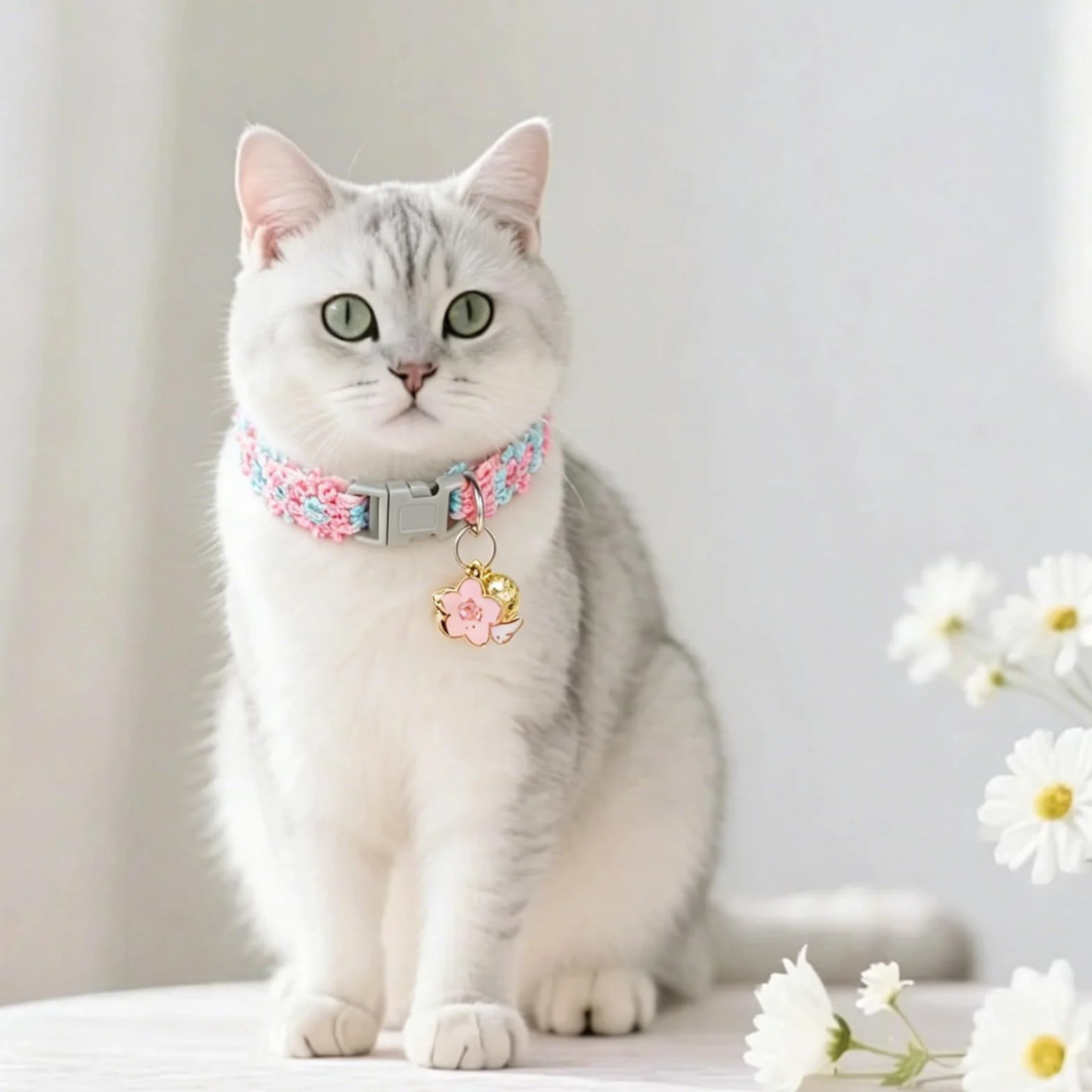 Kit Collier Chat 3 Pièces, Broderie Florale Collier Chaton avec Pendentif et Clochette, Réglable pour Chatons et Petits Chien, Durable