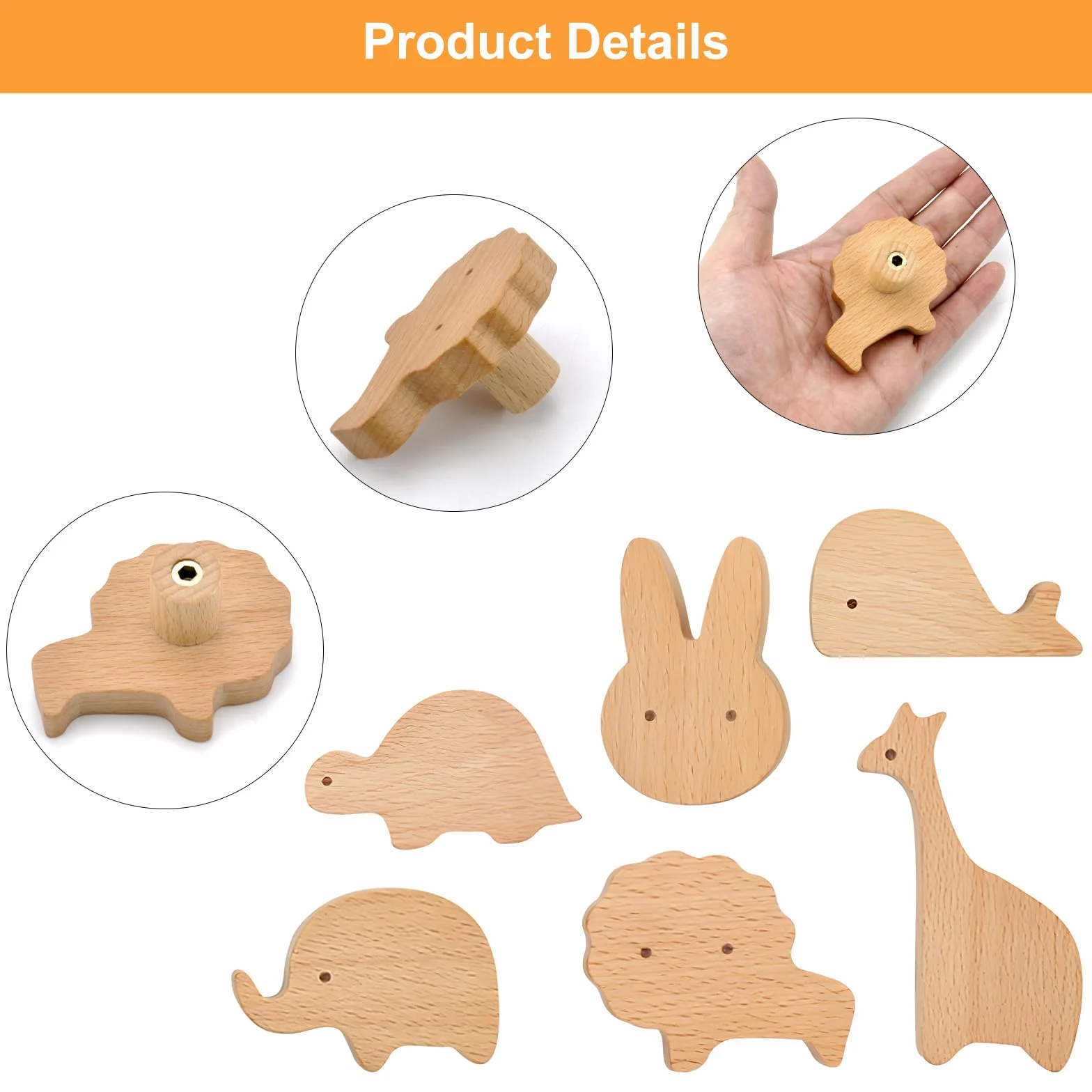 BRISKORE Lot de 6 boutons d'armoire en bois pour chambre d'enfant, forme animal, avec vis