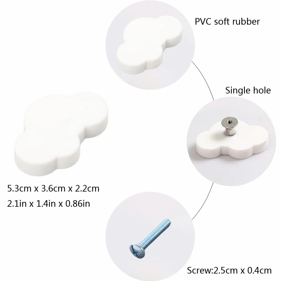 Lot de 6 boutons de tiroir en caoutchouc souple blanc pour chambre d'enfant