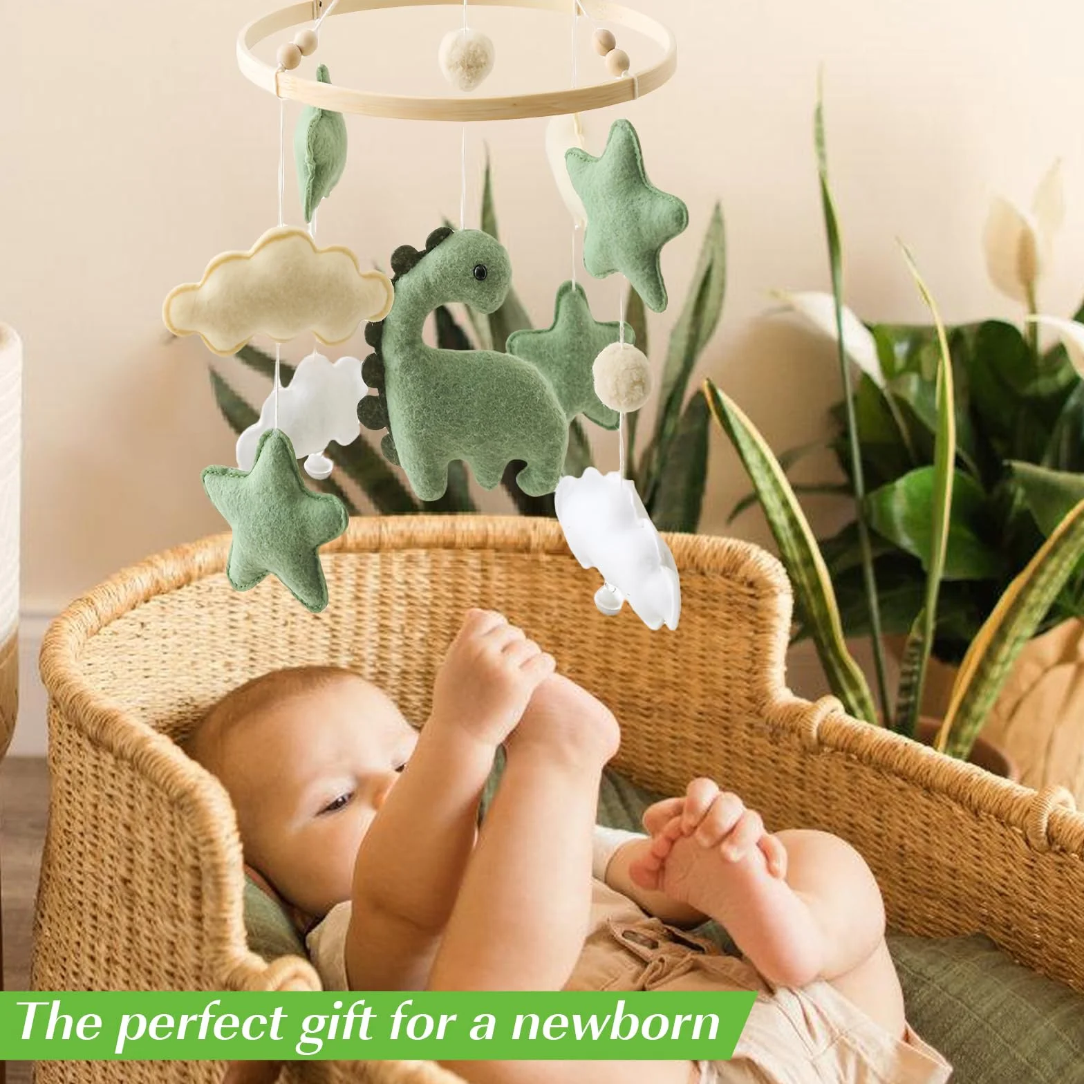 Carillon éolien bébé Dinosaure étoiles nuages Mobile bois lit bébé Jouet sensoriel Cadeau vert chambre enfant